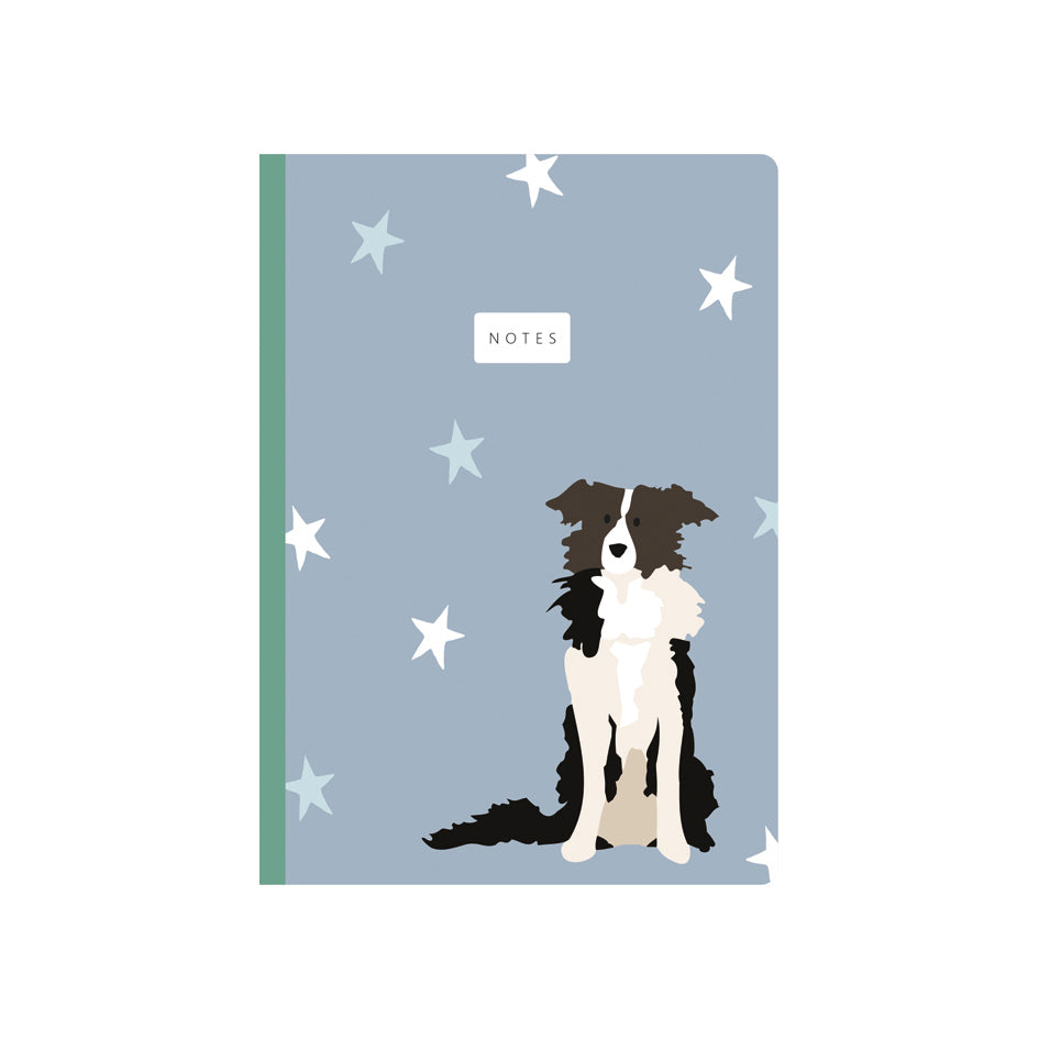 A6 sized notebook with an illustration of a border collie dog and stars on the cover, with the name 'notes' written at the top.