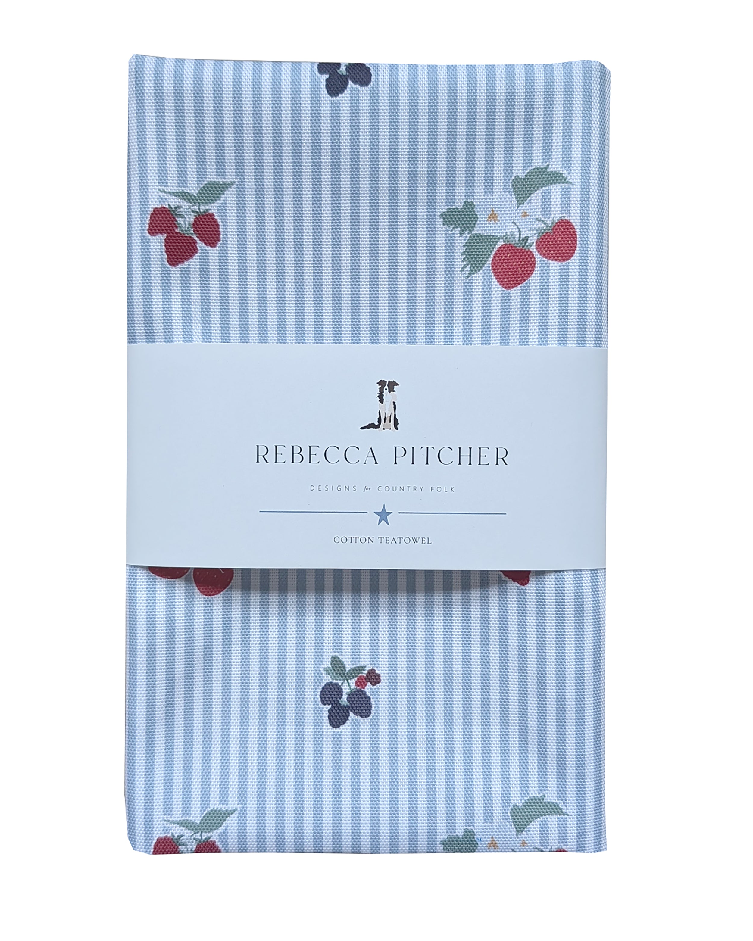 Packaged towel with blue stripes and berry design, featuring Rebecca Pitcher branding.
