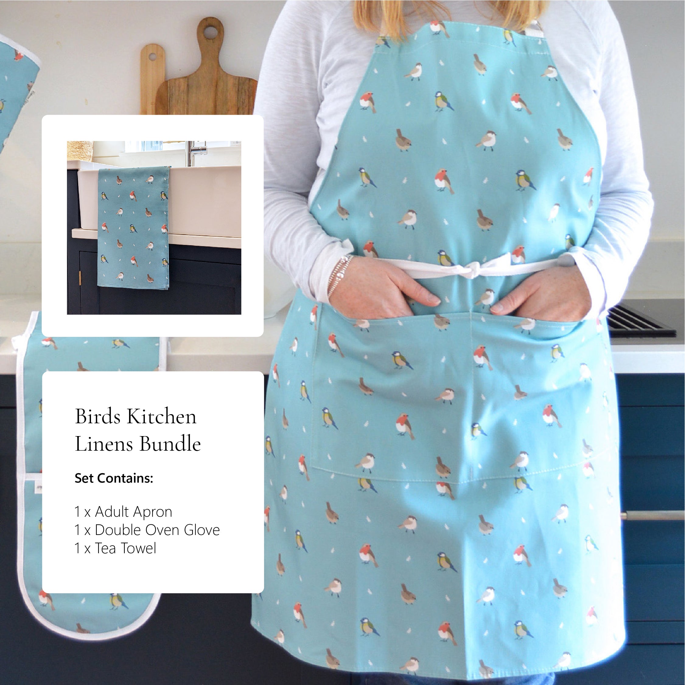 Birds Kitchen linen bundle contains apron oven gloves and tea towel