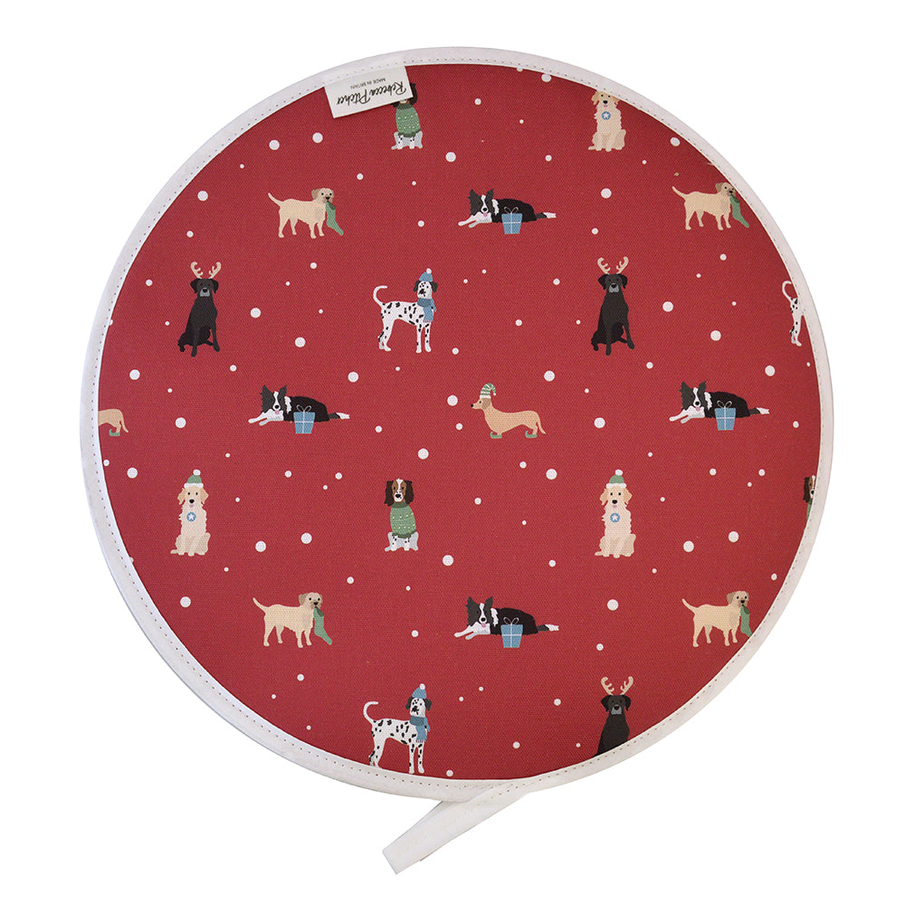 Red Circular Hob Cover with Snow and Christmas themed dog illustrations
