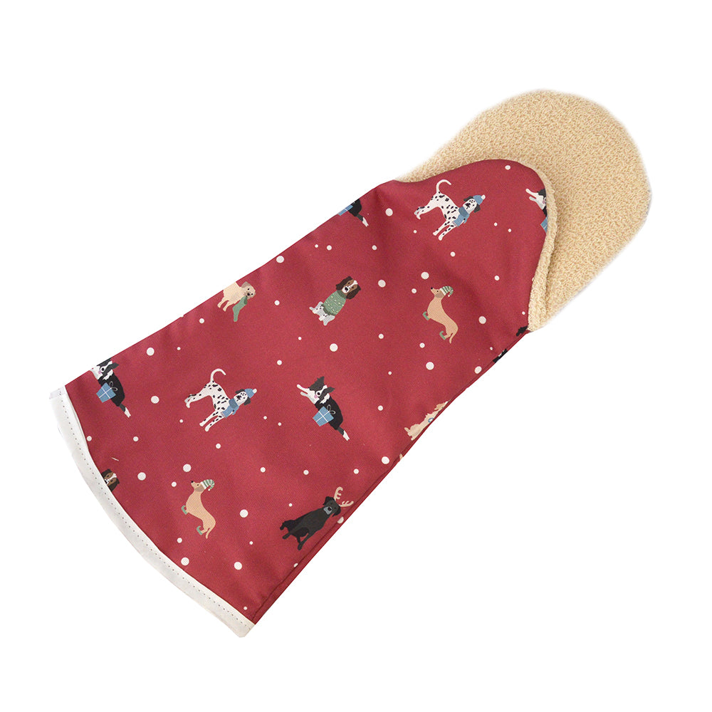 Long Red Single Oven Glove with Christmas Dog design