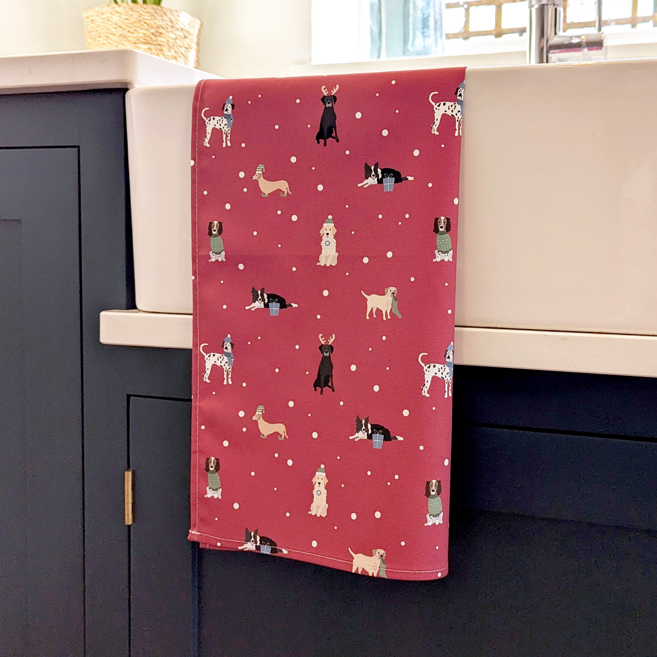 Red Christmas Dogs Cotton Tea Towel