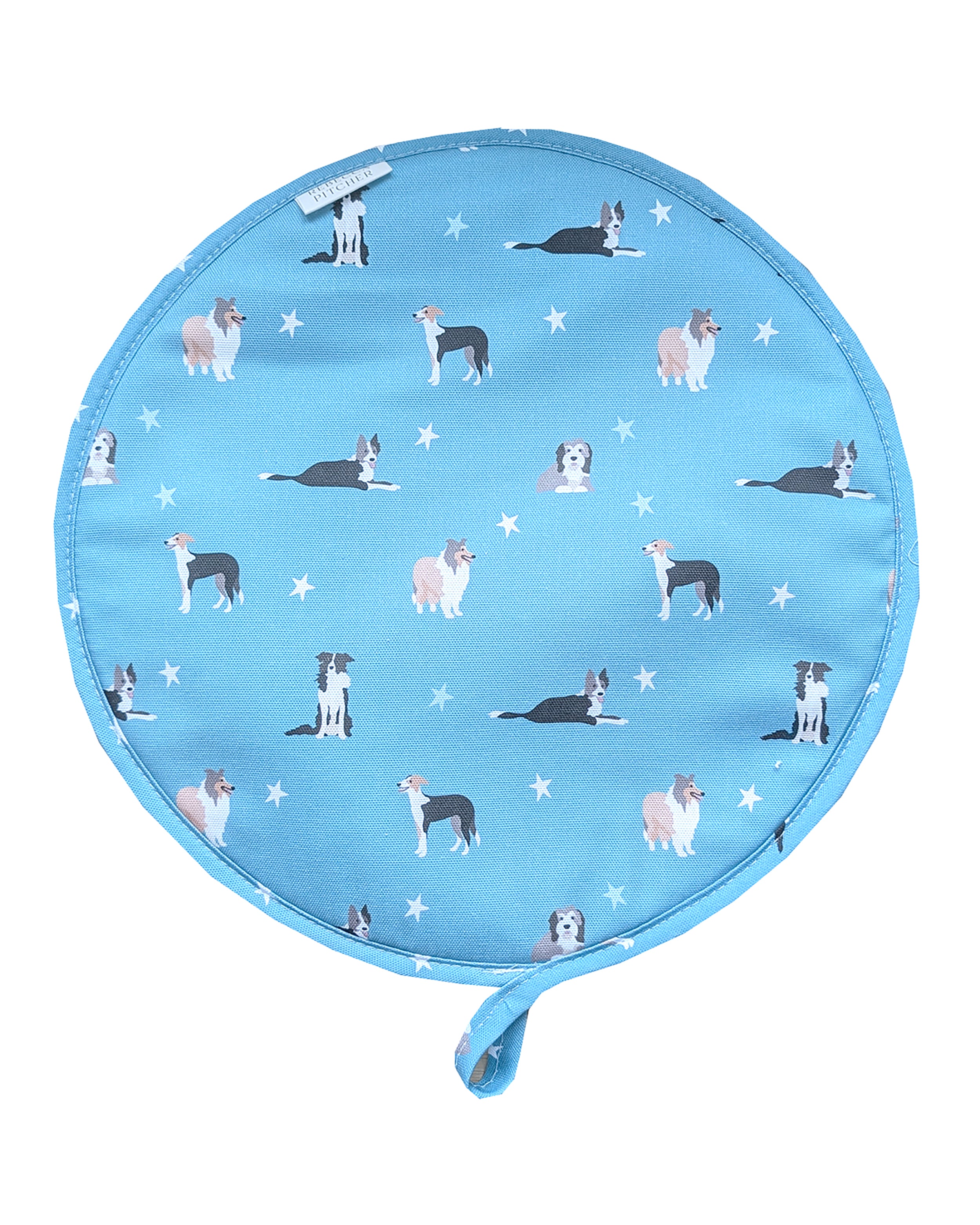 Round blue hob cover with dog pattern on a white background