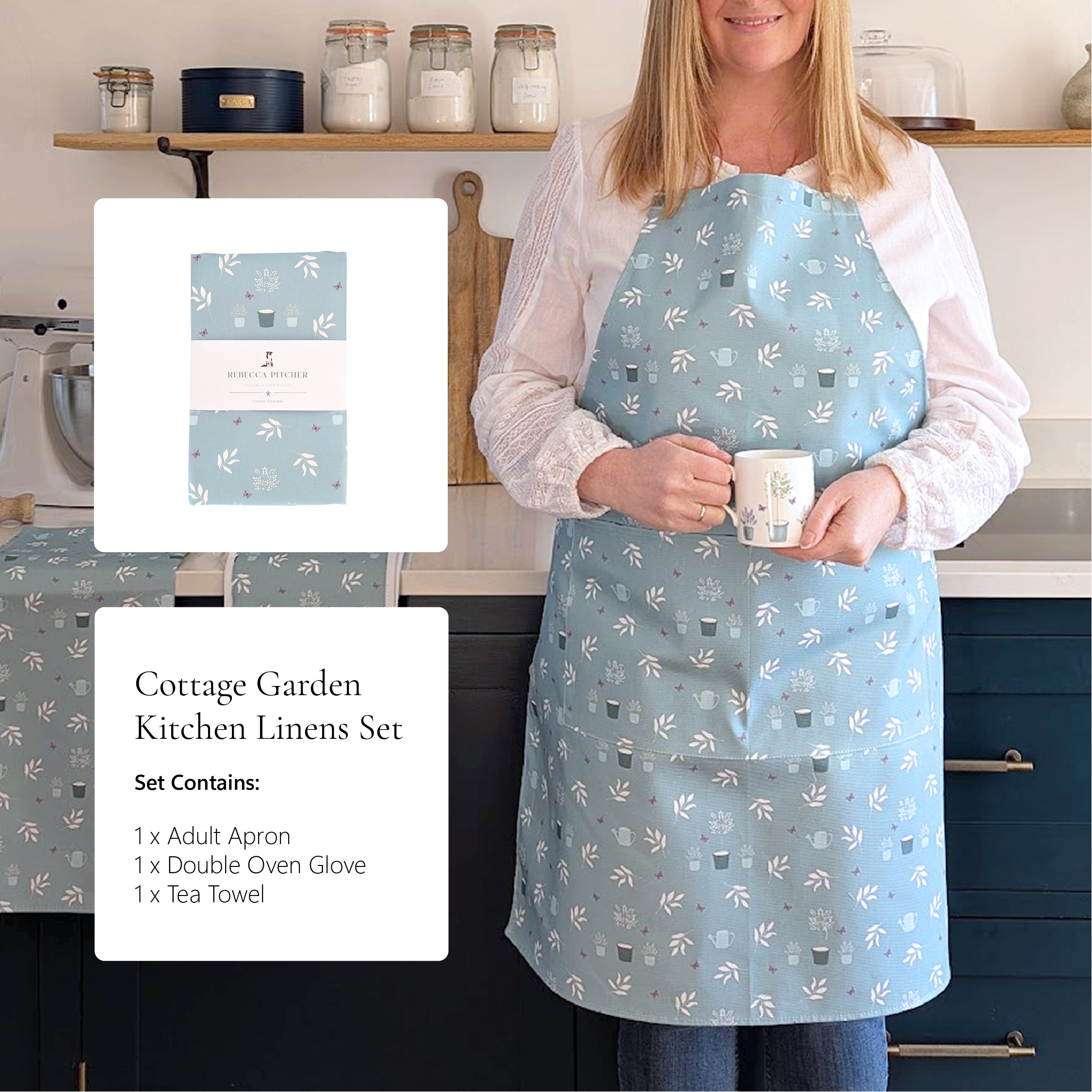 Cottage Garden kitchen linens bundle contains apron, oven gloves and teatowel
