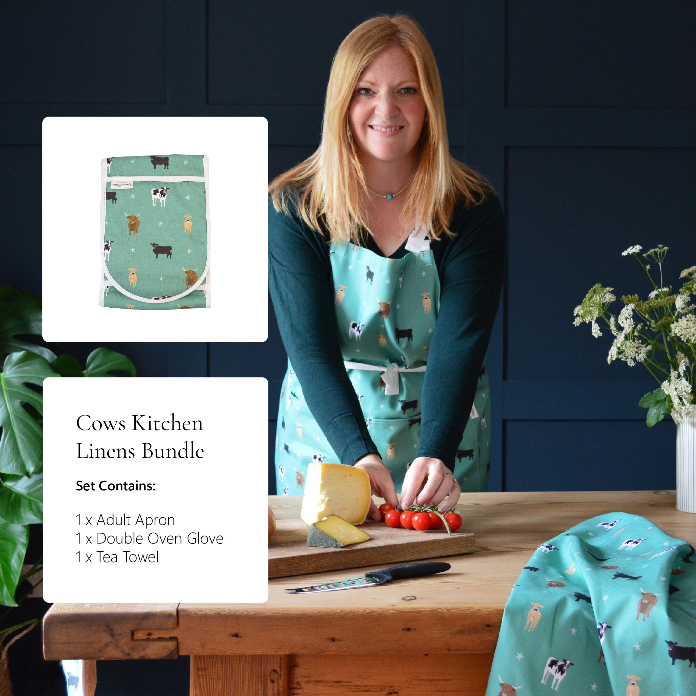 cows kitchen linen bundle contains apron, oven gloves and tea towel