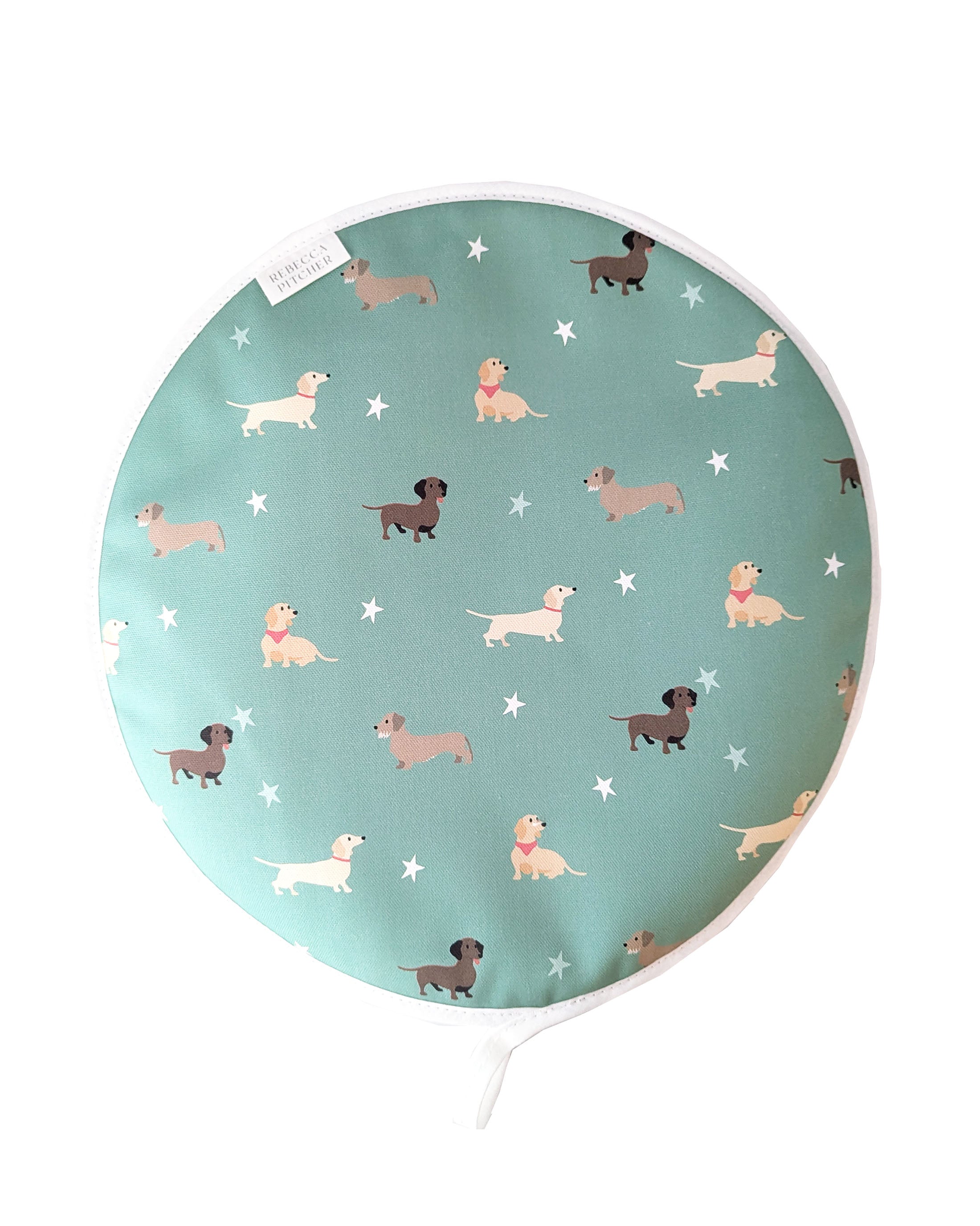 Green round hob cover featuring dachshund illustrations by Rebecca Pitcher