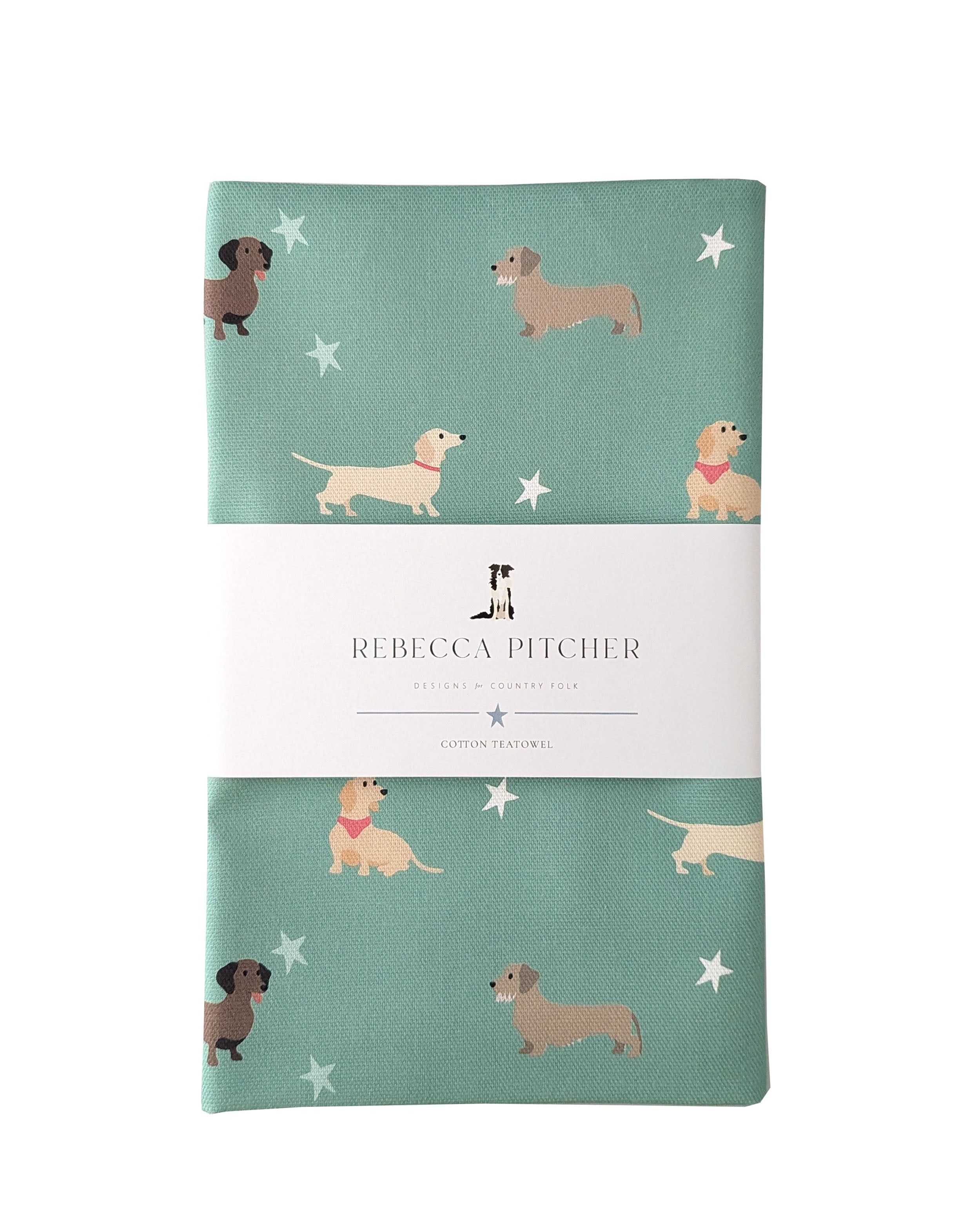 Green dachshund design tea towel by Rebecca Pitcher