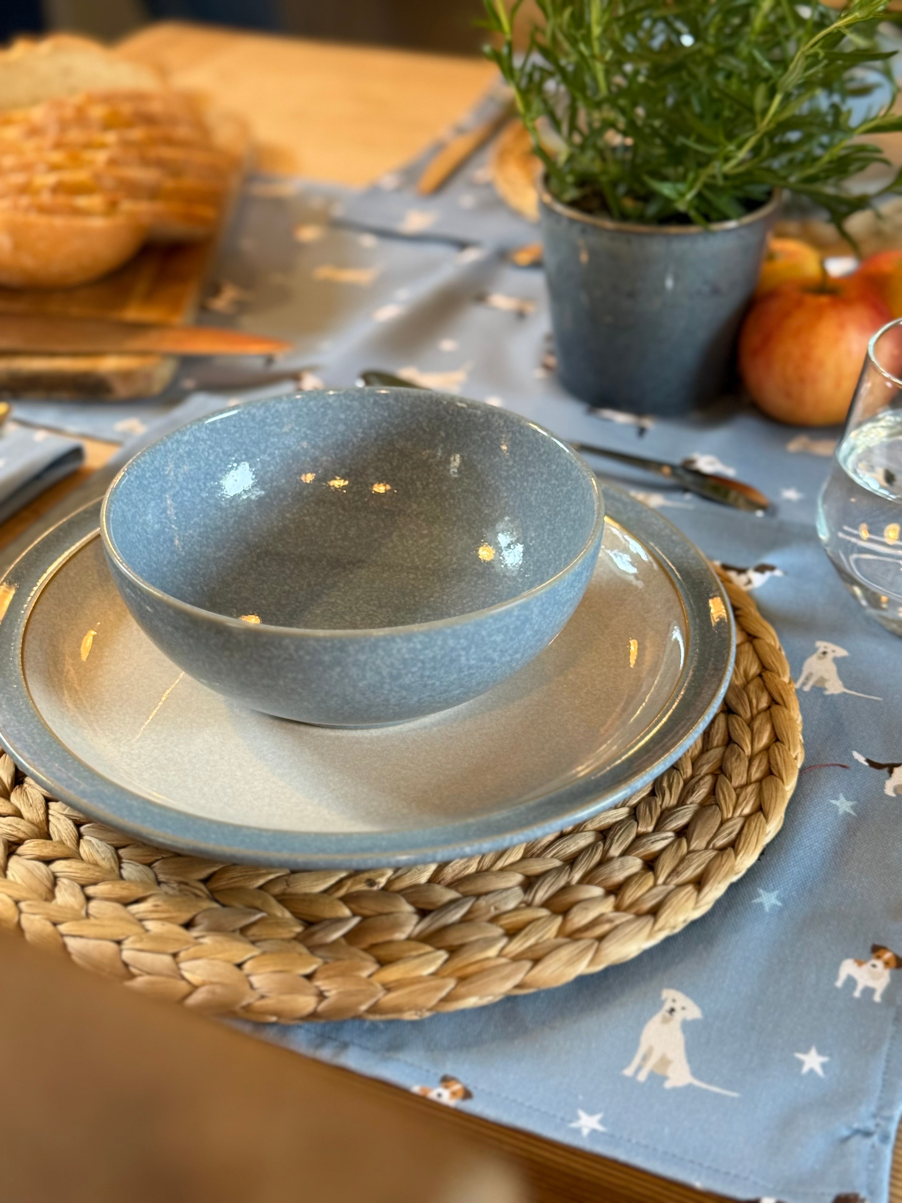 Blue ceramic bowl on a blue dogs design placemat with a patterned tablecloth and potted herb plant in the background.