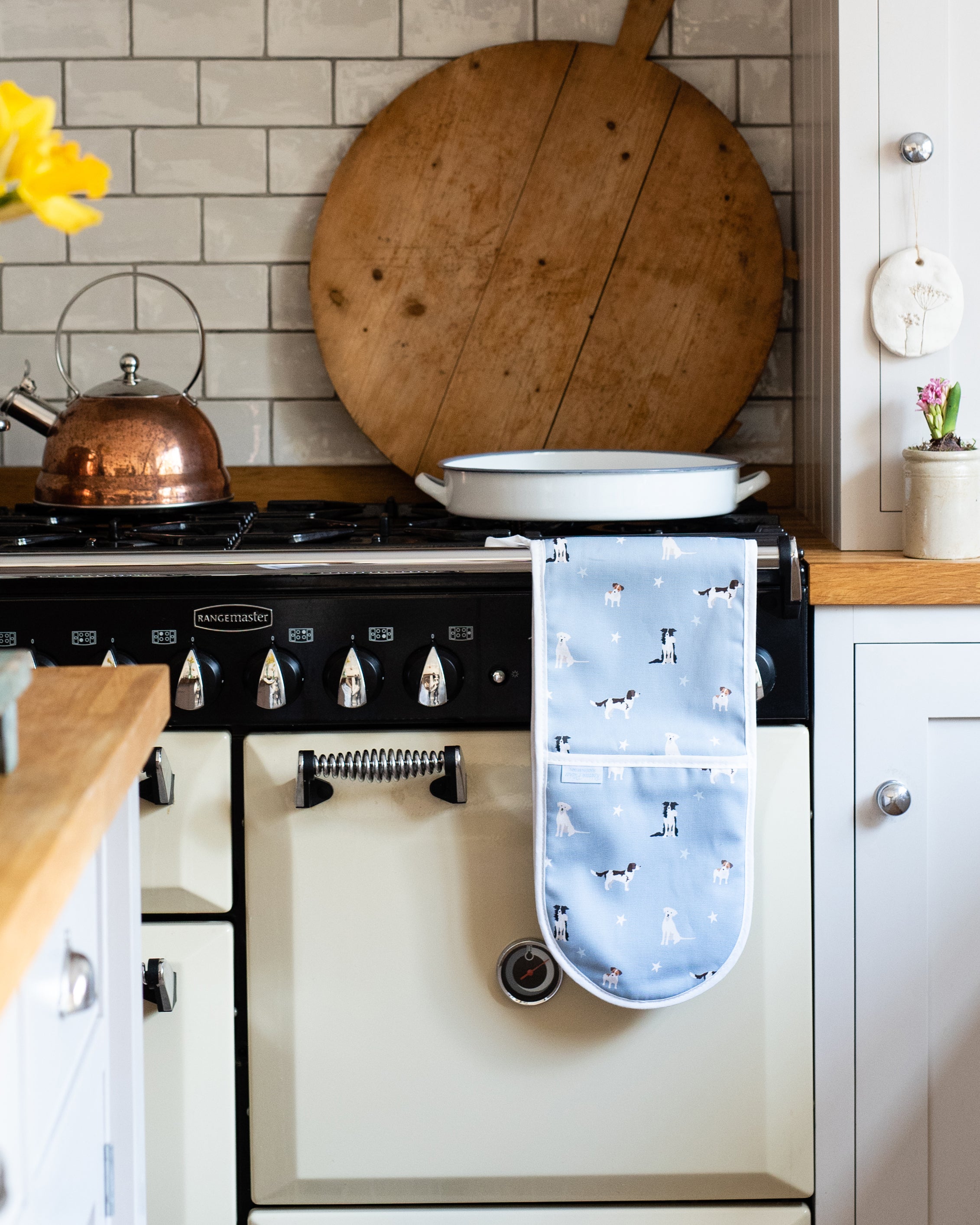 Kitchen scene with a stove, wooden cutting board, and oven mitt with dog pattern.