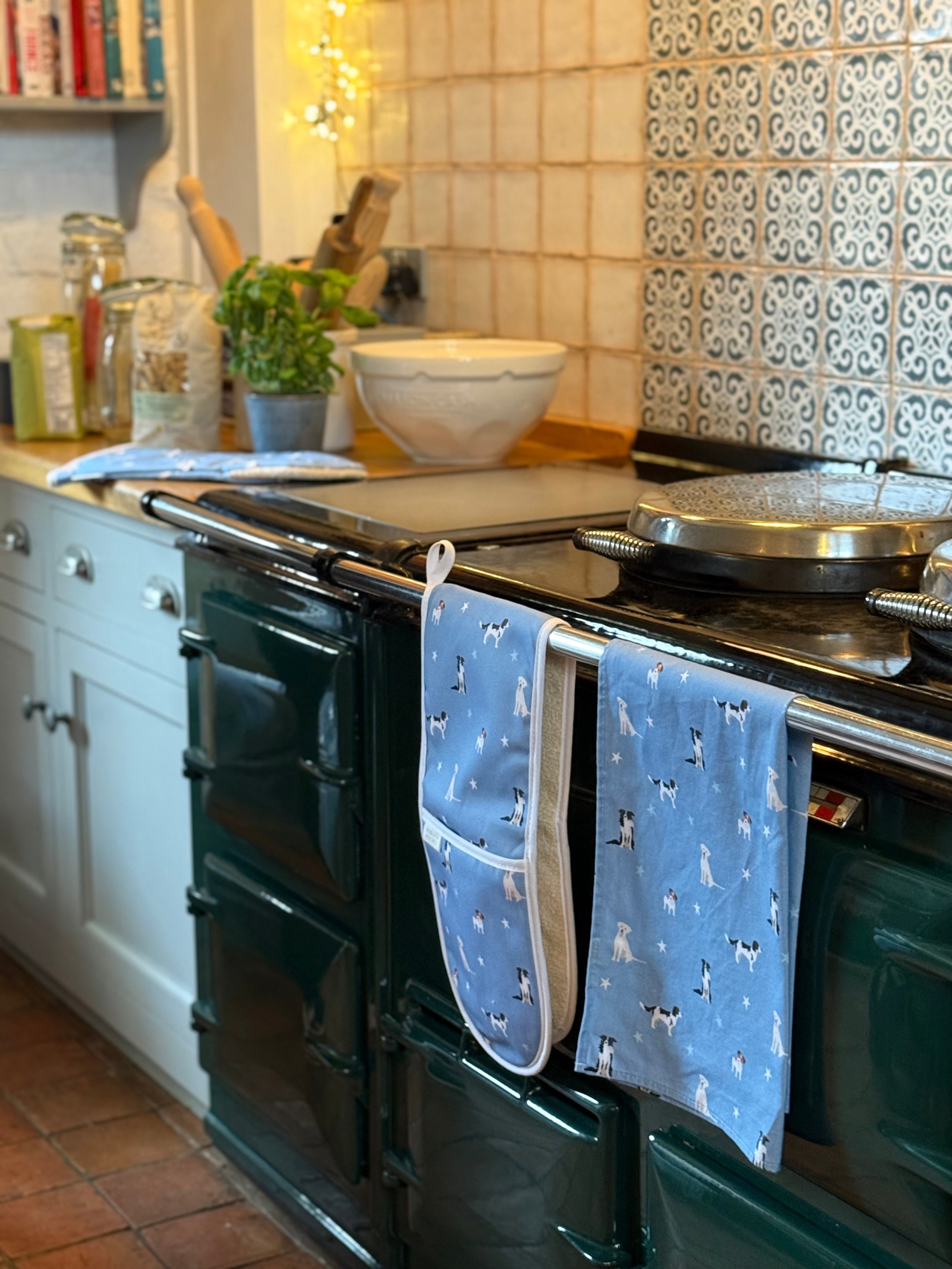 Kitchen with a black Aga range cooker featuring blue dog patterned towel and oven gloves and a tiled wall.