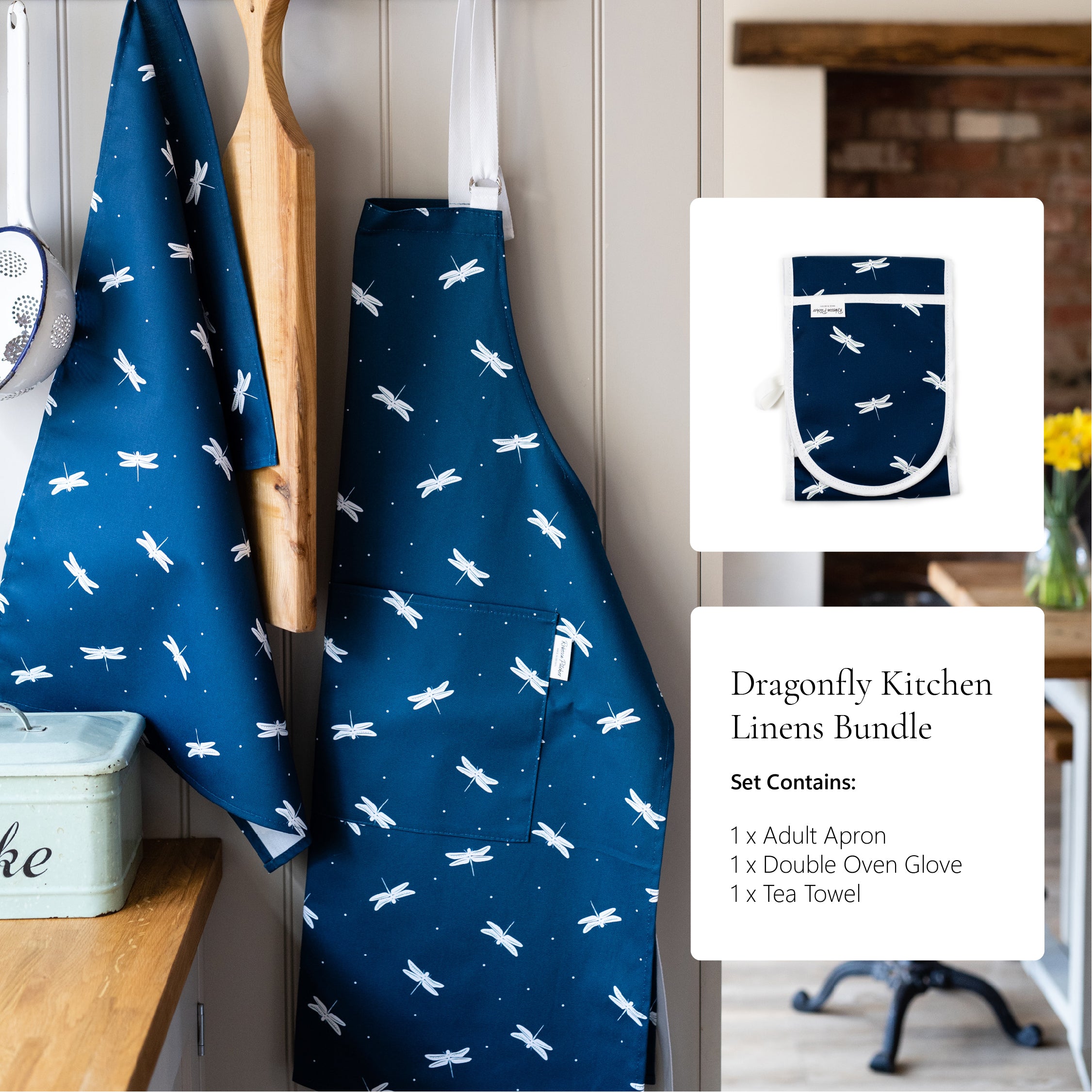 Dragonfly kitchen linens bundle contains apron, double ovengloves and tea towel