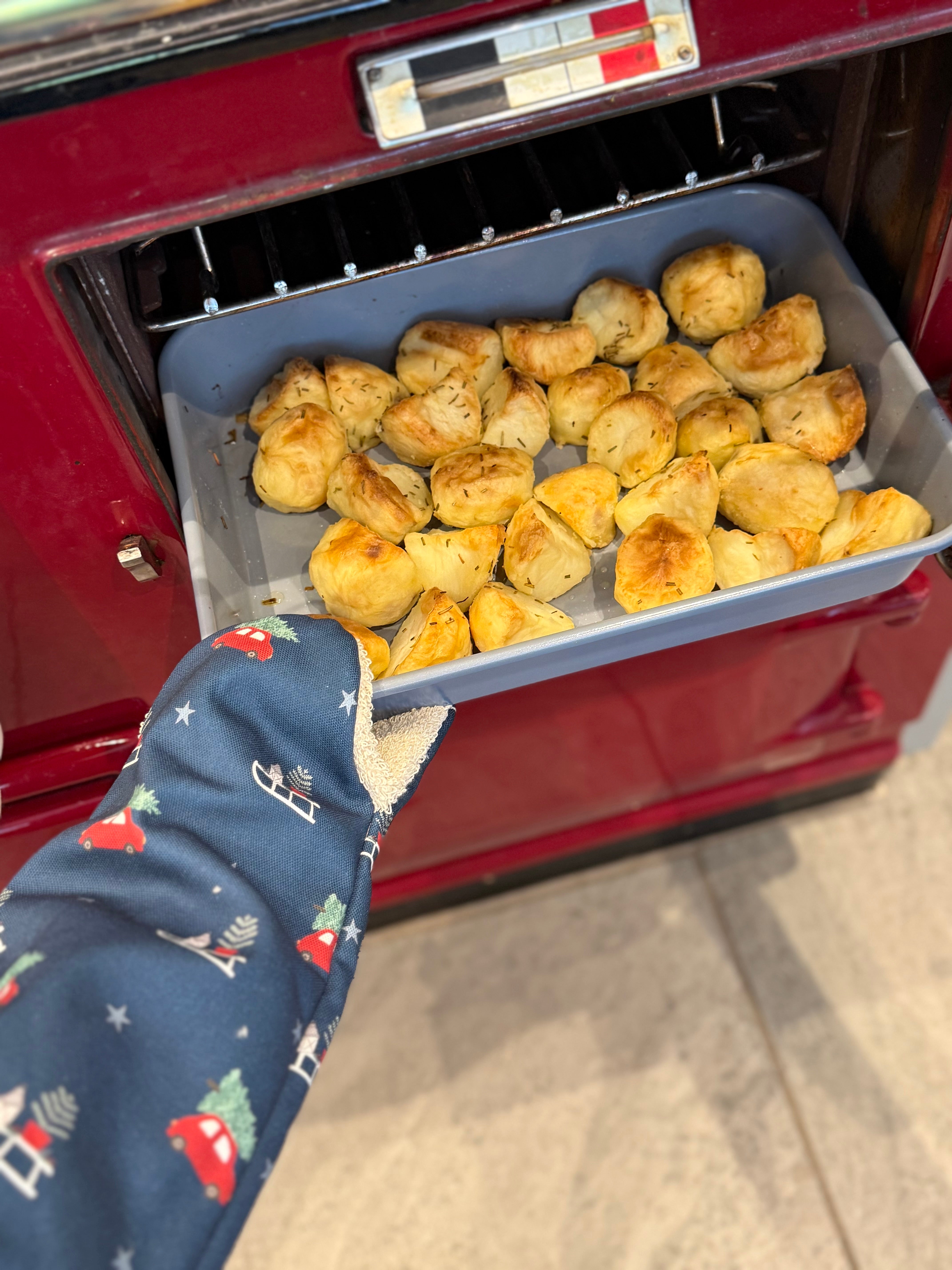 Person wearing an Christmas oven mitt holding a tray of golden brown potatoes out of a red oven.