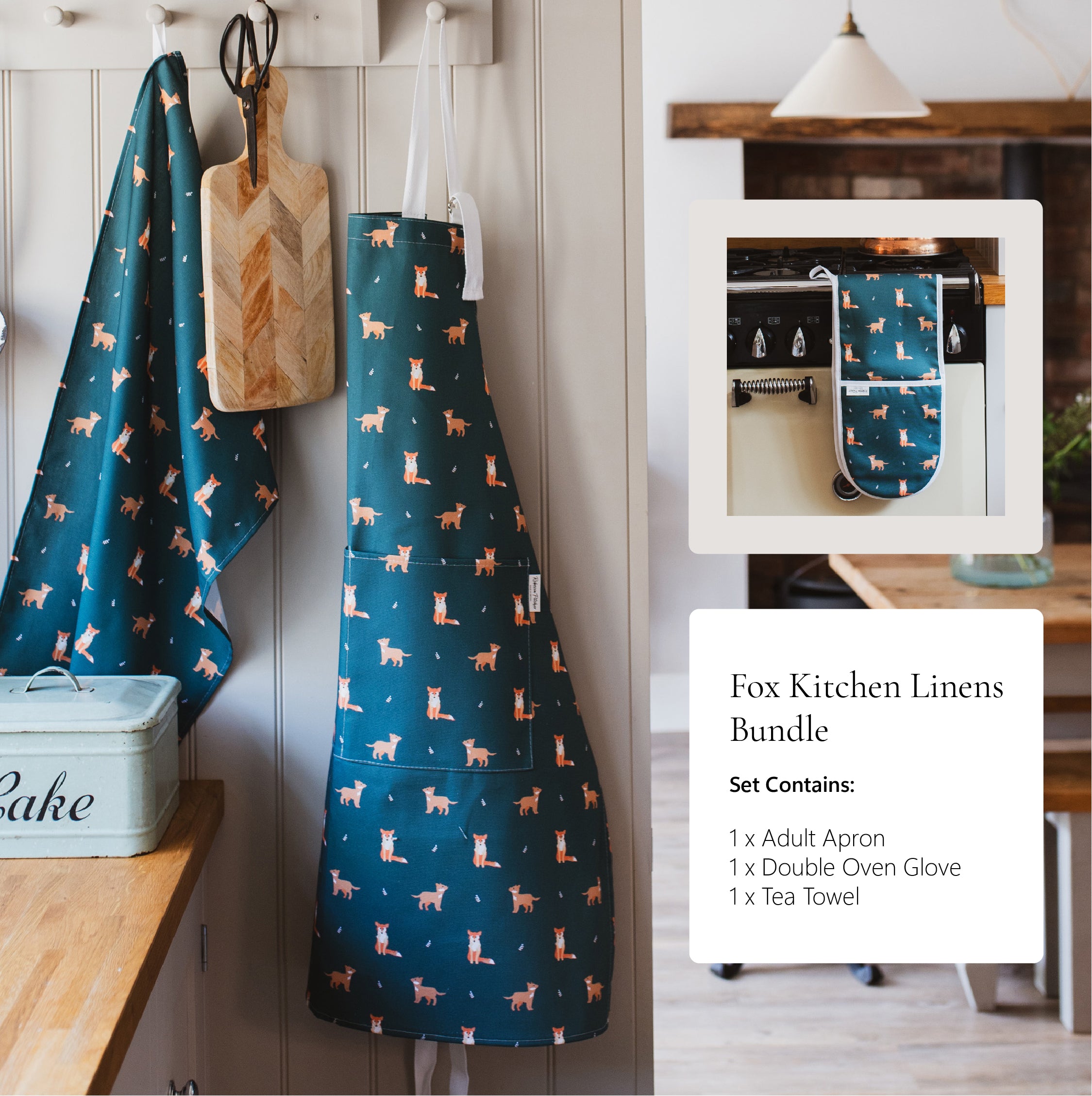 Fox Kitchen Linens Bundle Set contains Apron, Tea Towel and Double Oven Glove