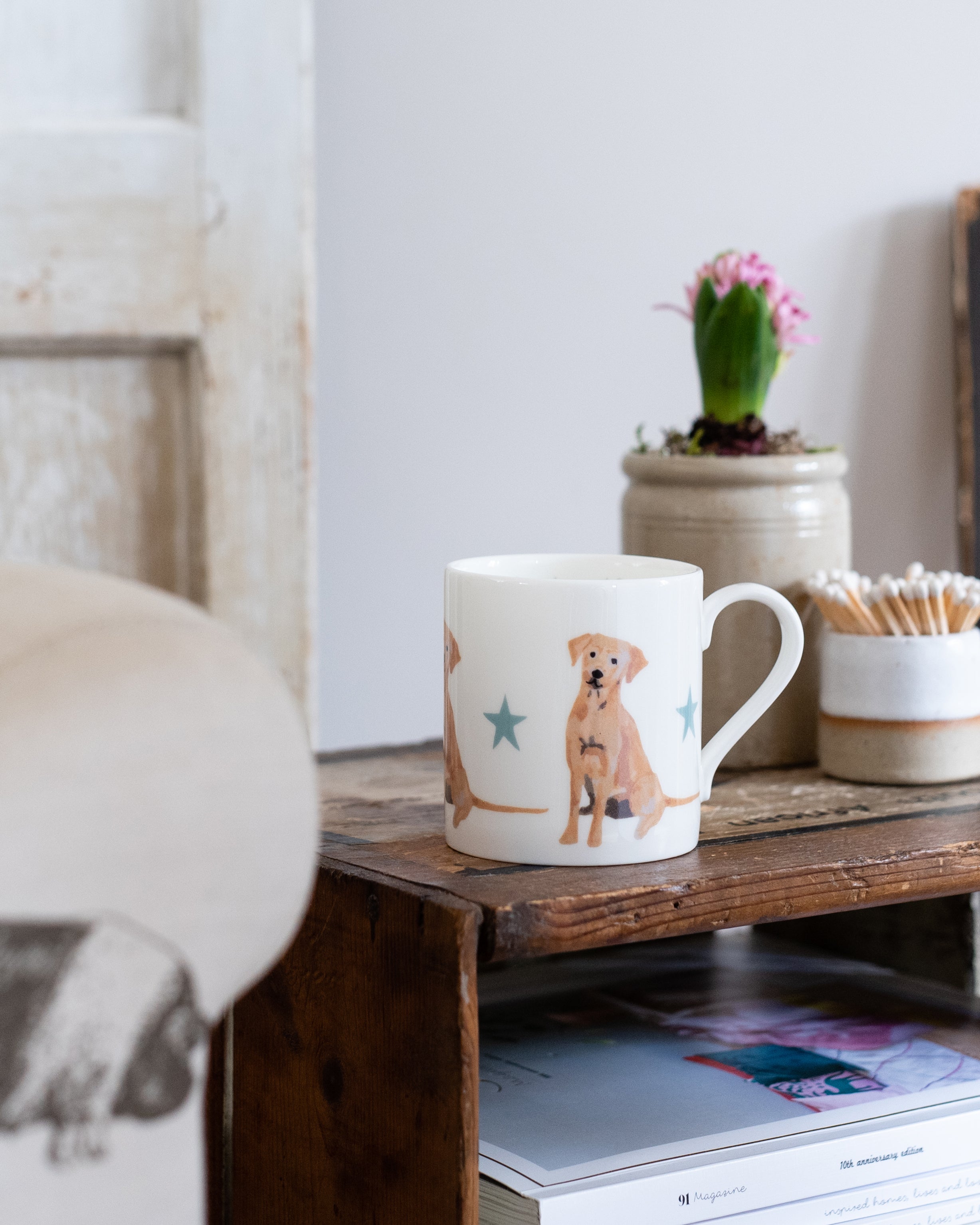 Mug with a golden labrador dog design on a wooden surface with a plant and books in the background