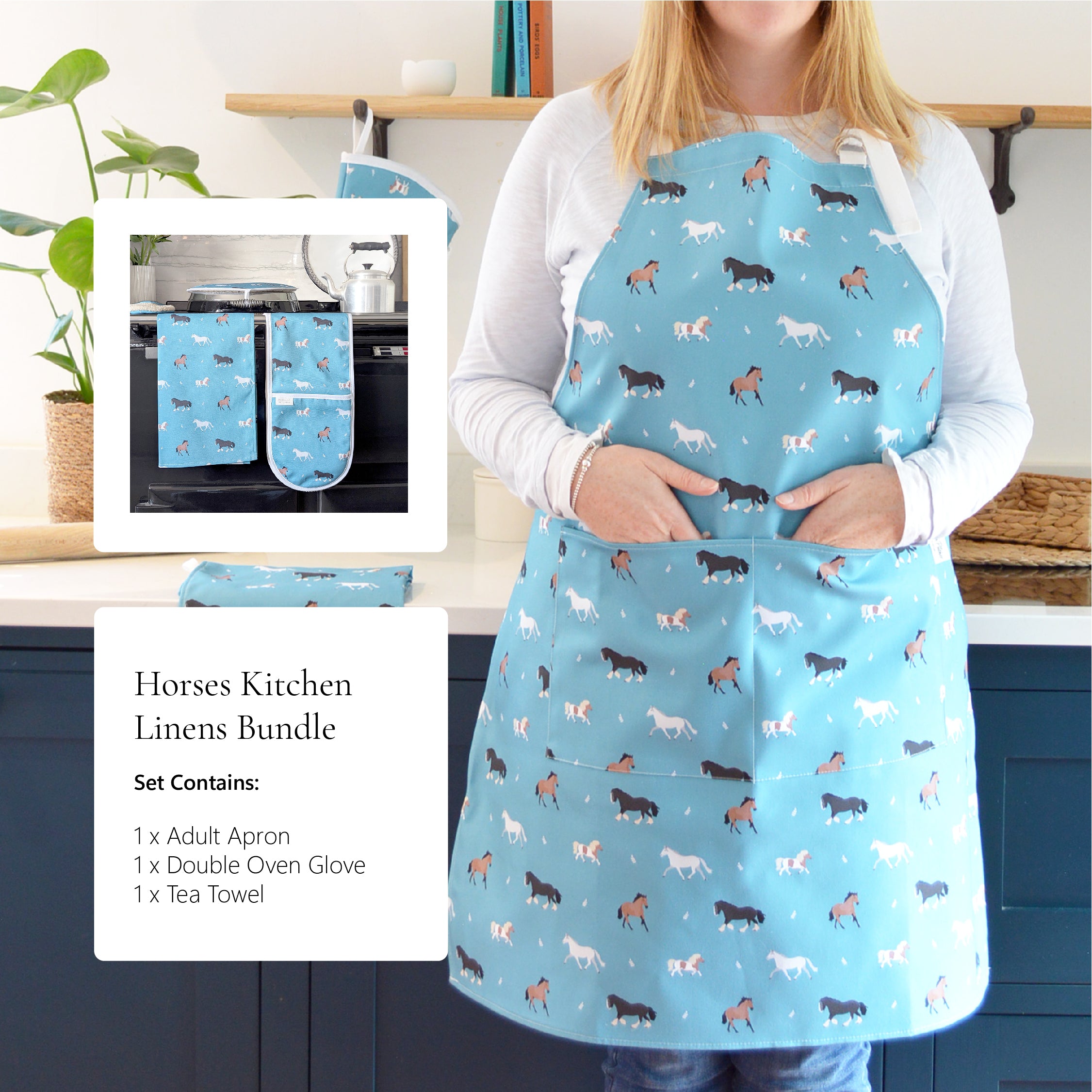 Teal Blue horses design kitchen linens bundle contains apron, oven gloves and tea towel