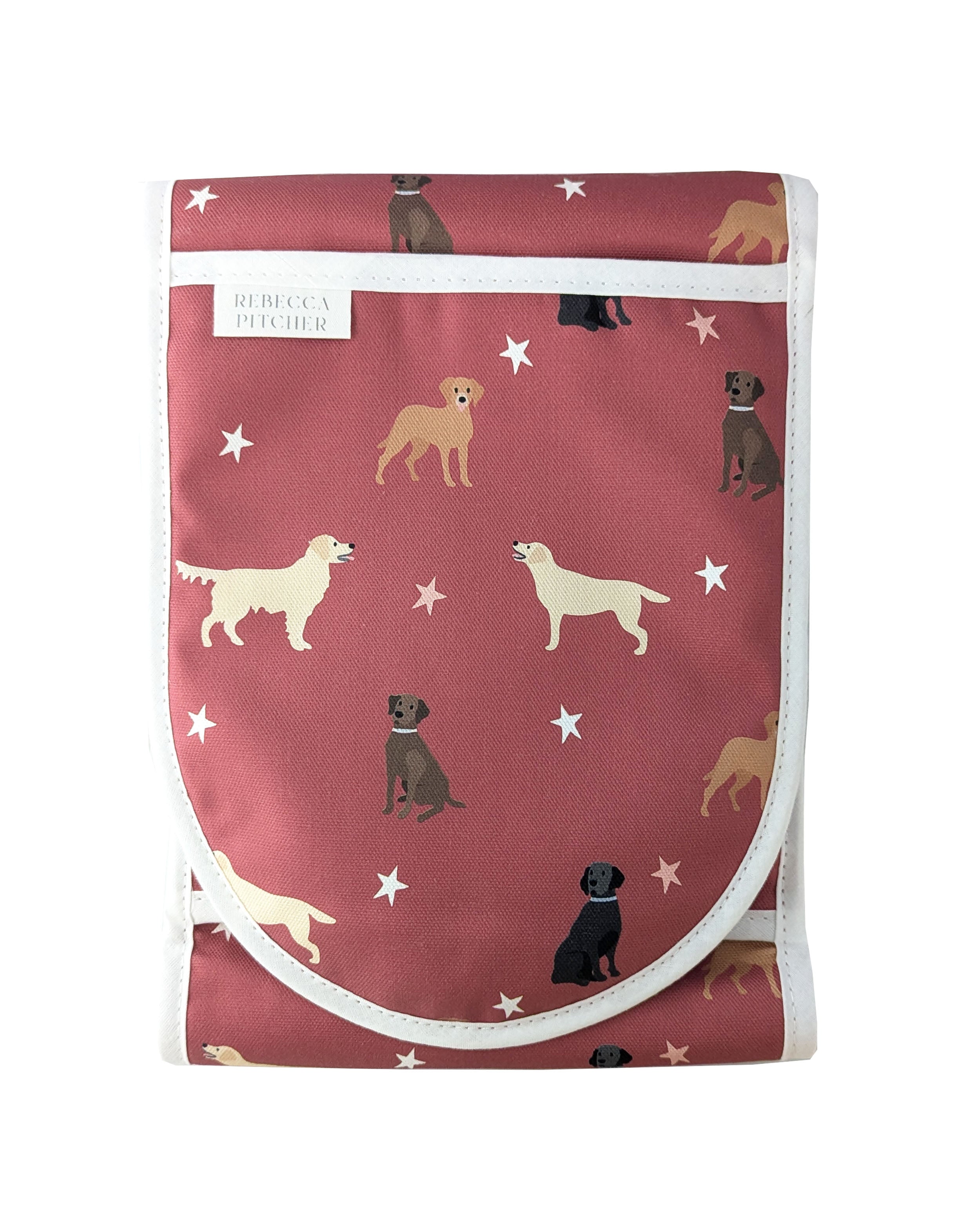 Red Labrador design double oven gloves by Rebecca Pitcher