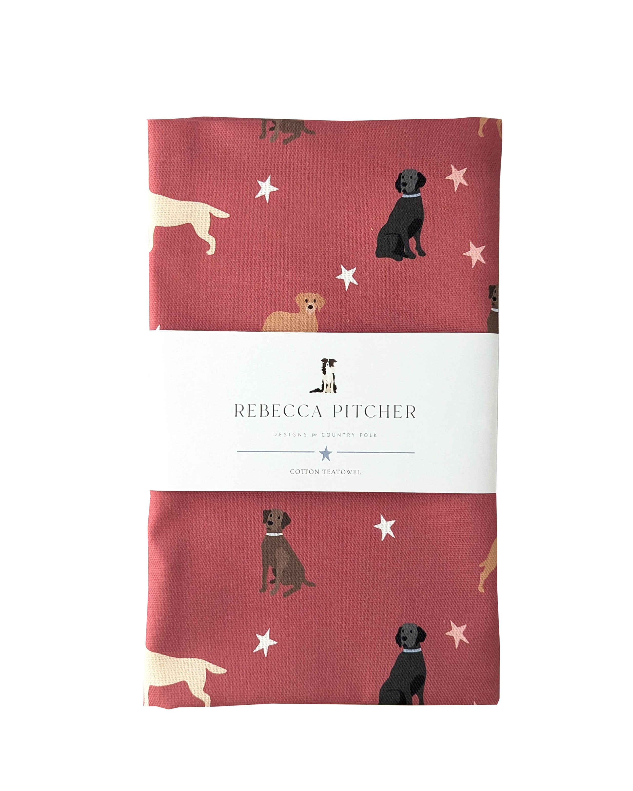 Rebecca Pitcher red cotton tea towel featuring a labrador dog pattern