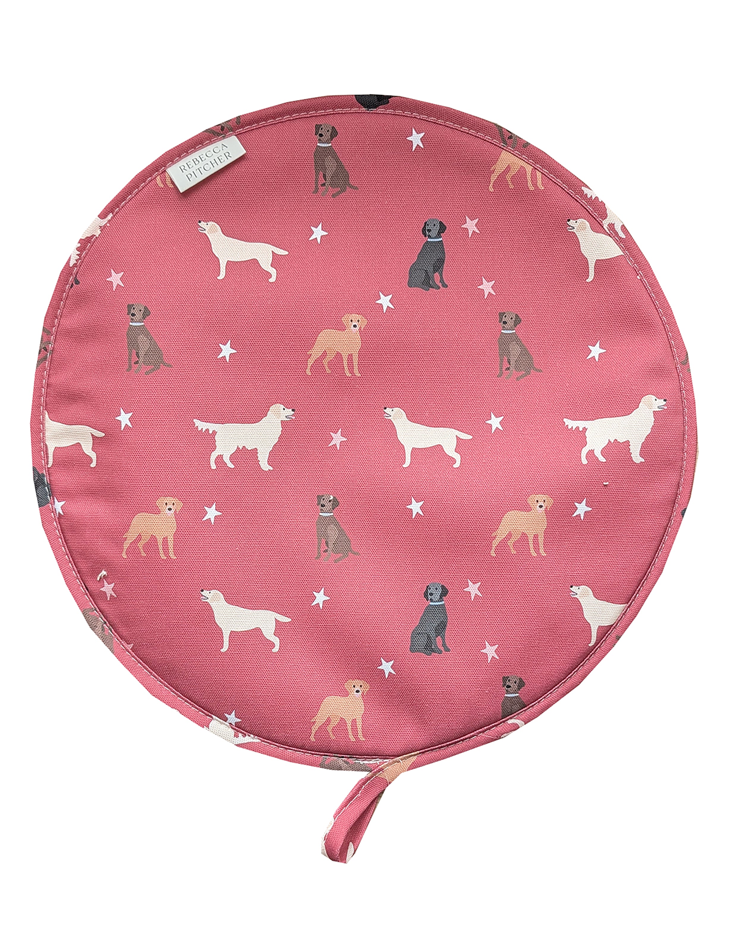 Round hob cover with labrador dog pattern on a red background