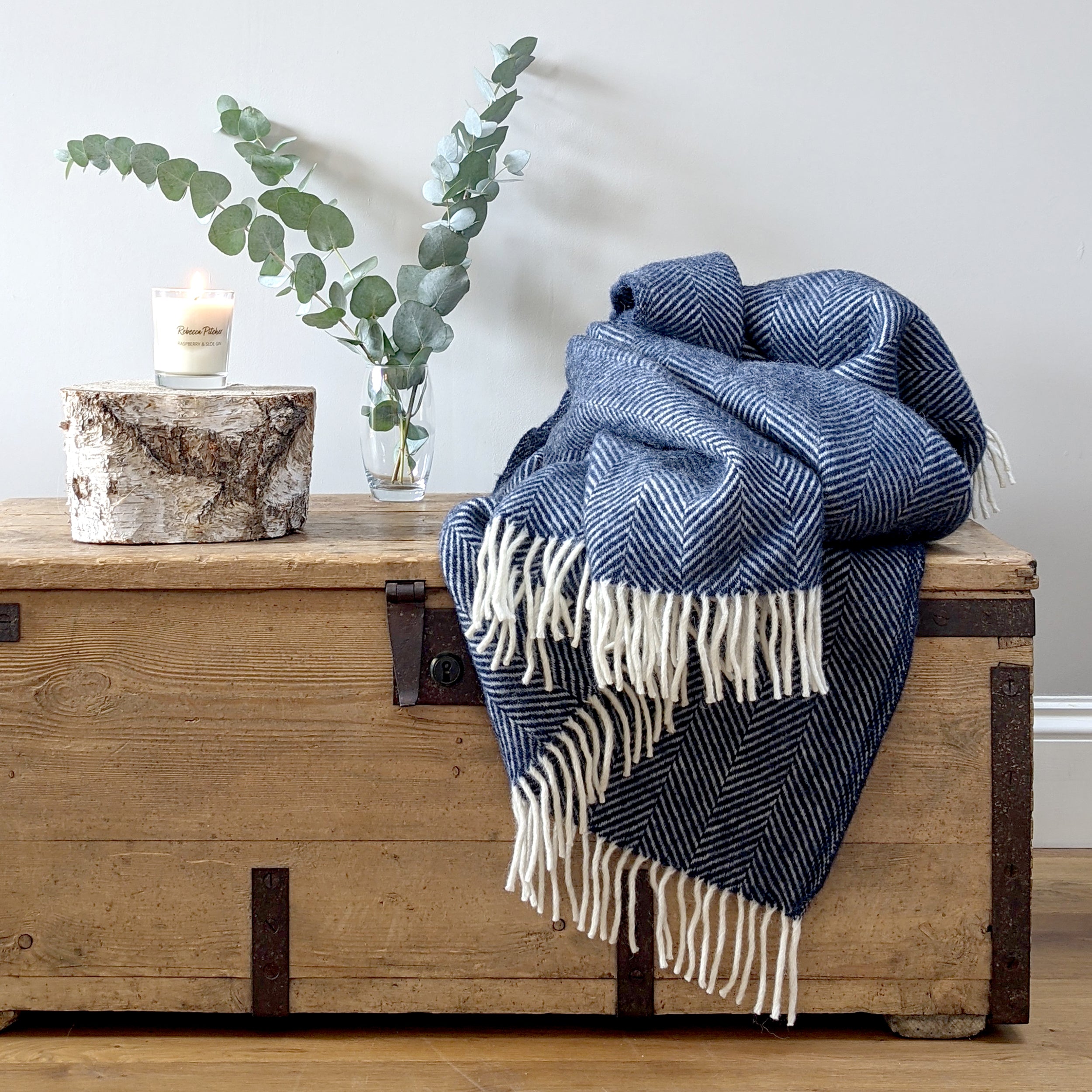 Navy Blue Herringbone Wool Blanket
