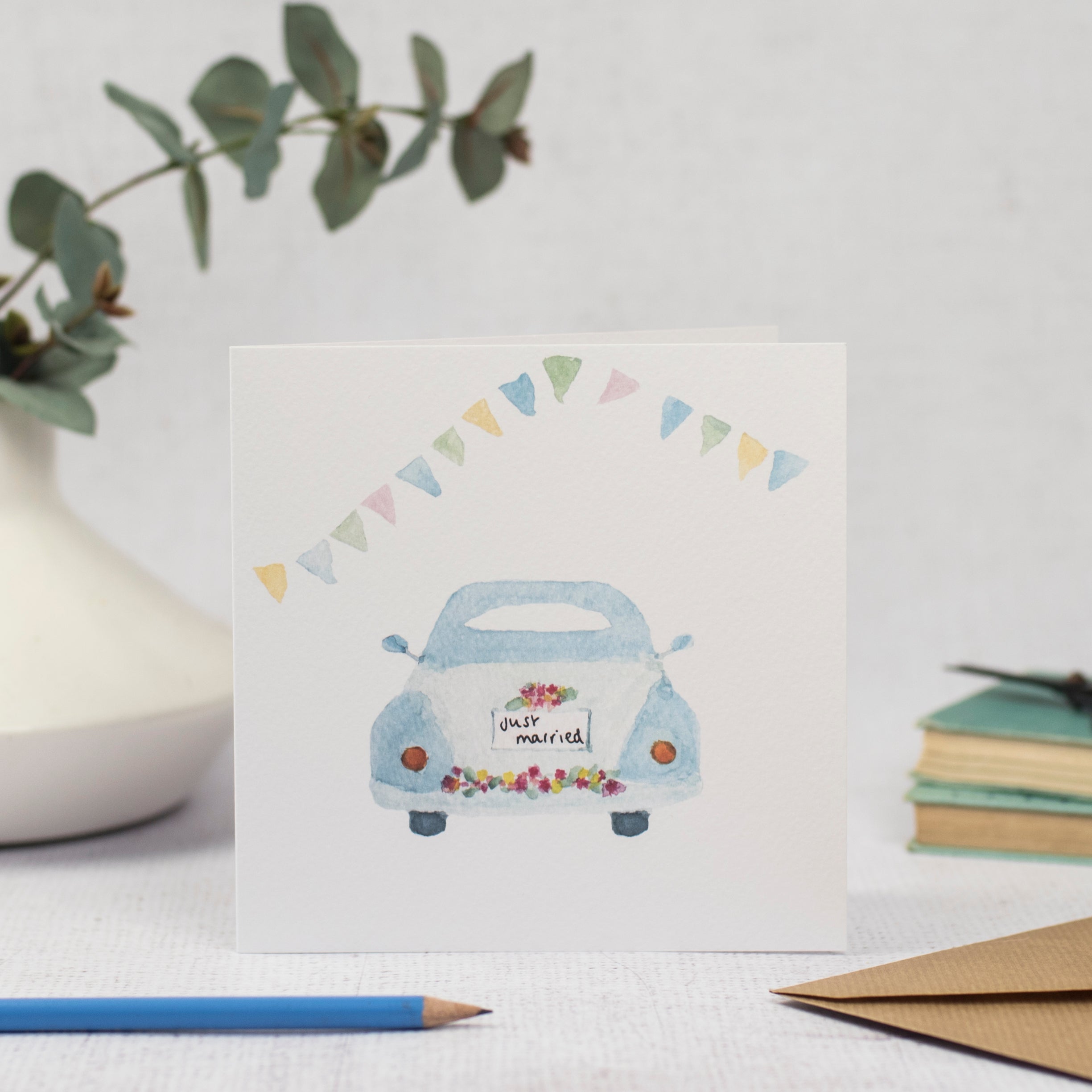 wedding car and bunting just married card
