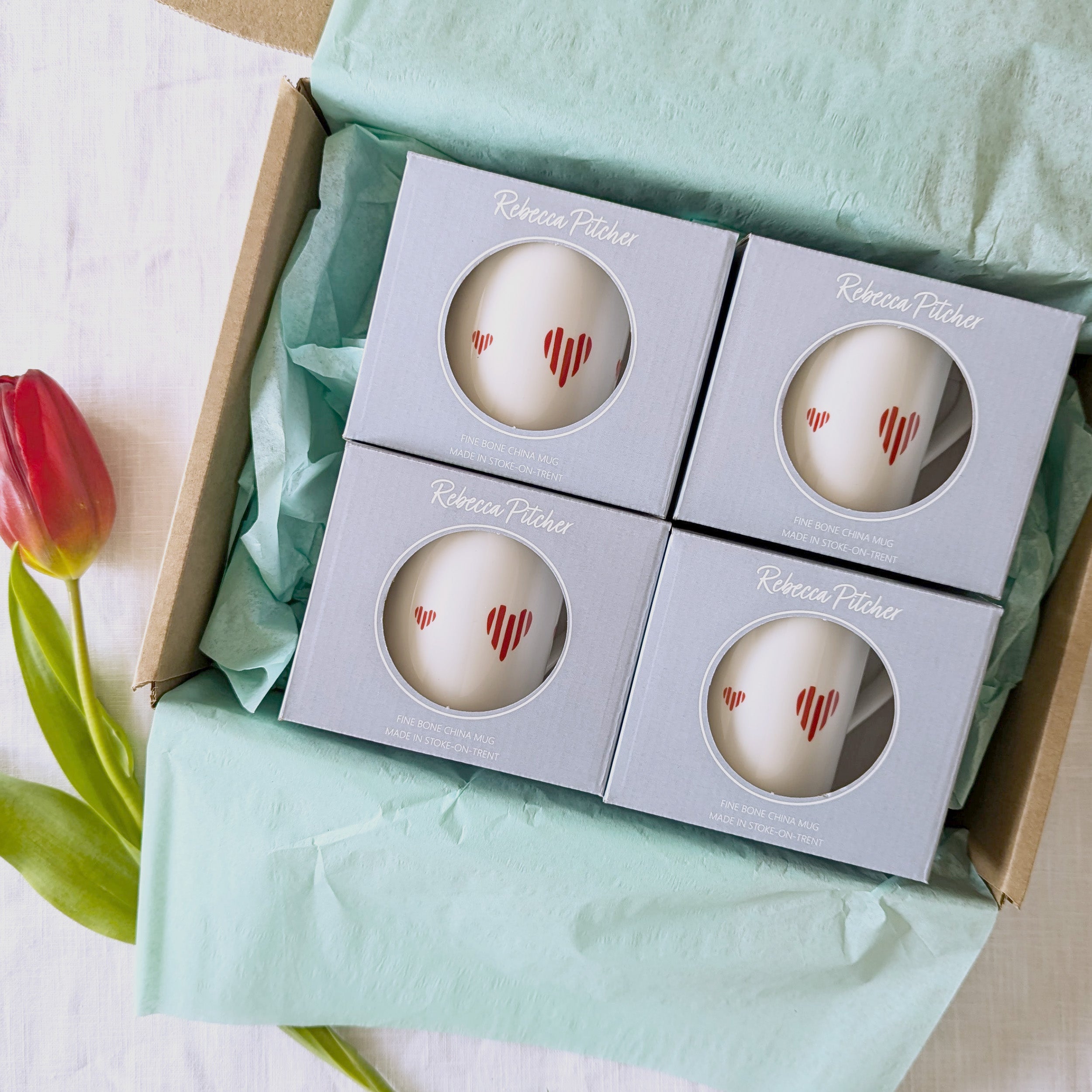 Set of 4 Fine Bone China Mugs - Hearts