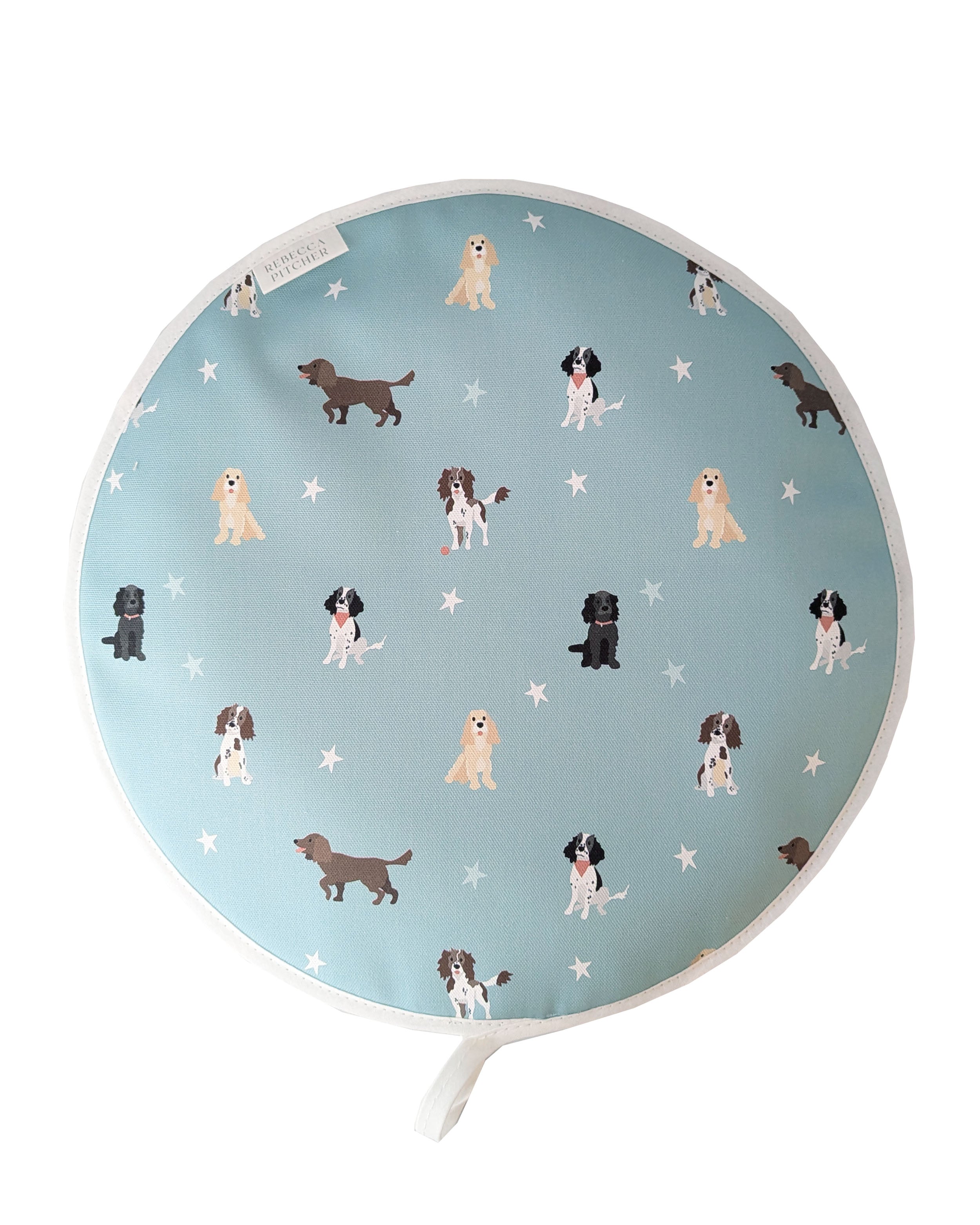 Duckegg Blue Spaniel design round hob cover by Rebecca Pitcher