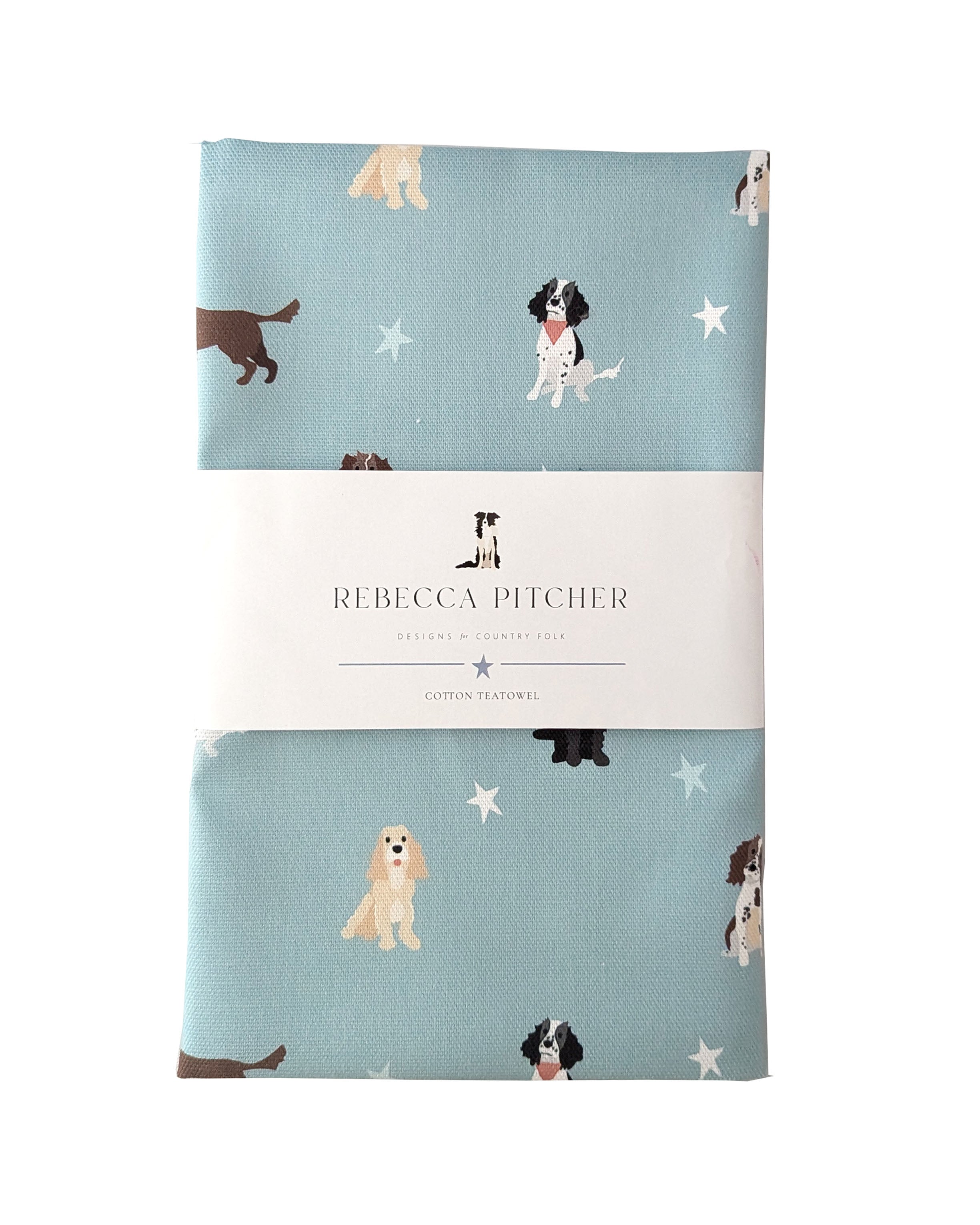 Rebecca Pitcher tea towel with dog pattern on a light blue background
