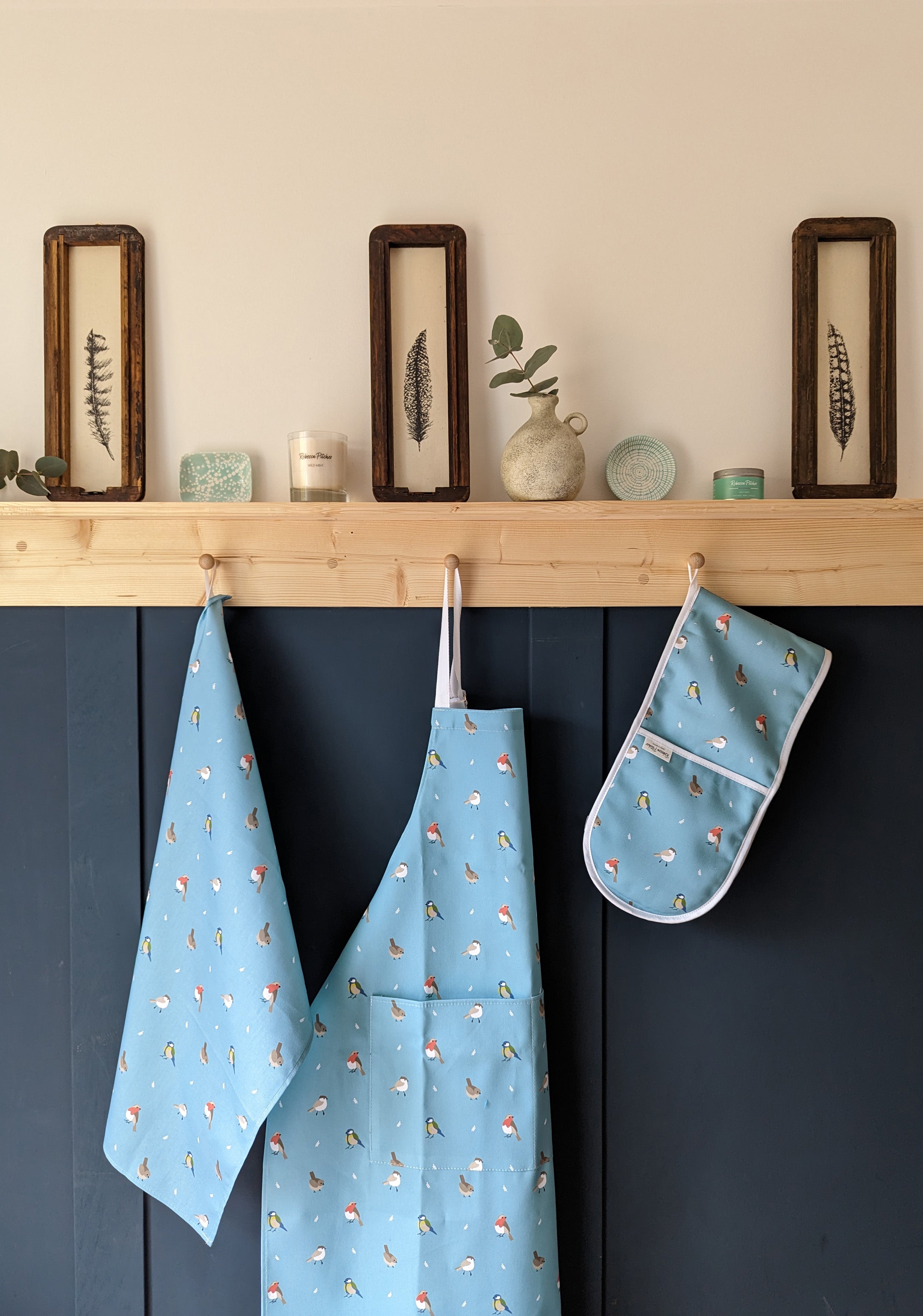Birds Cotton Apron, oven glove and tea towel by Rebecca Pitcher