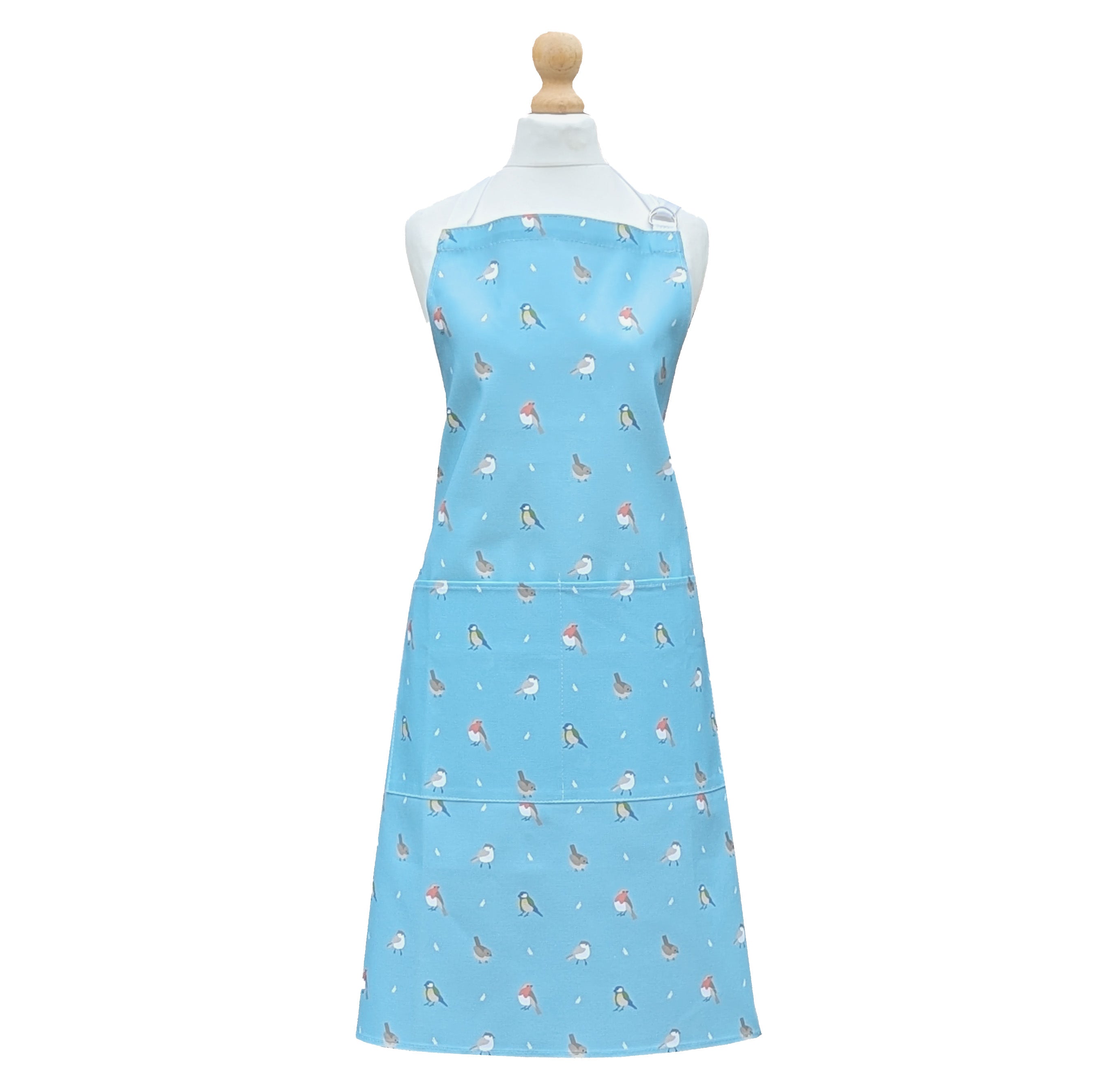 Teal cotton kitchen apron with garden bird illustrations
