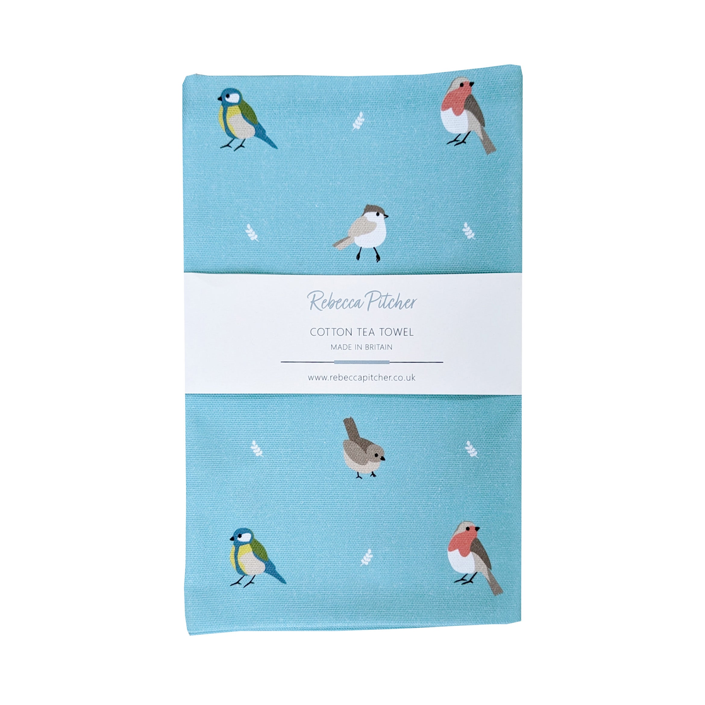 Teal cotton tea towel with garden bird illustrations