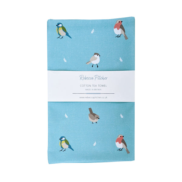Teal Cotton Tea Towel and apron featuring British Garden Birds