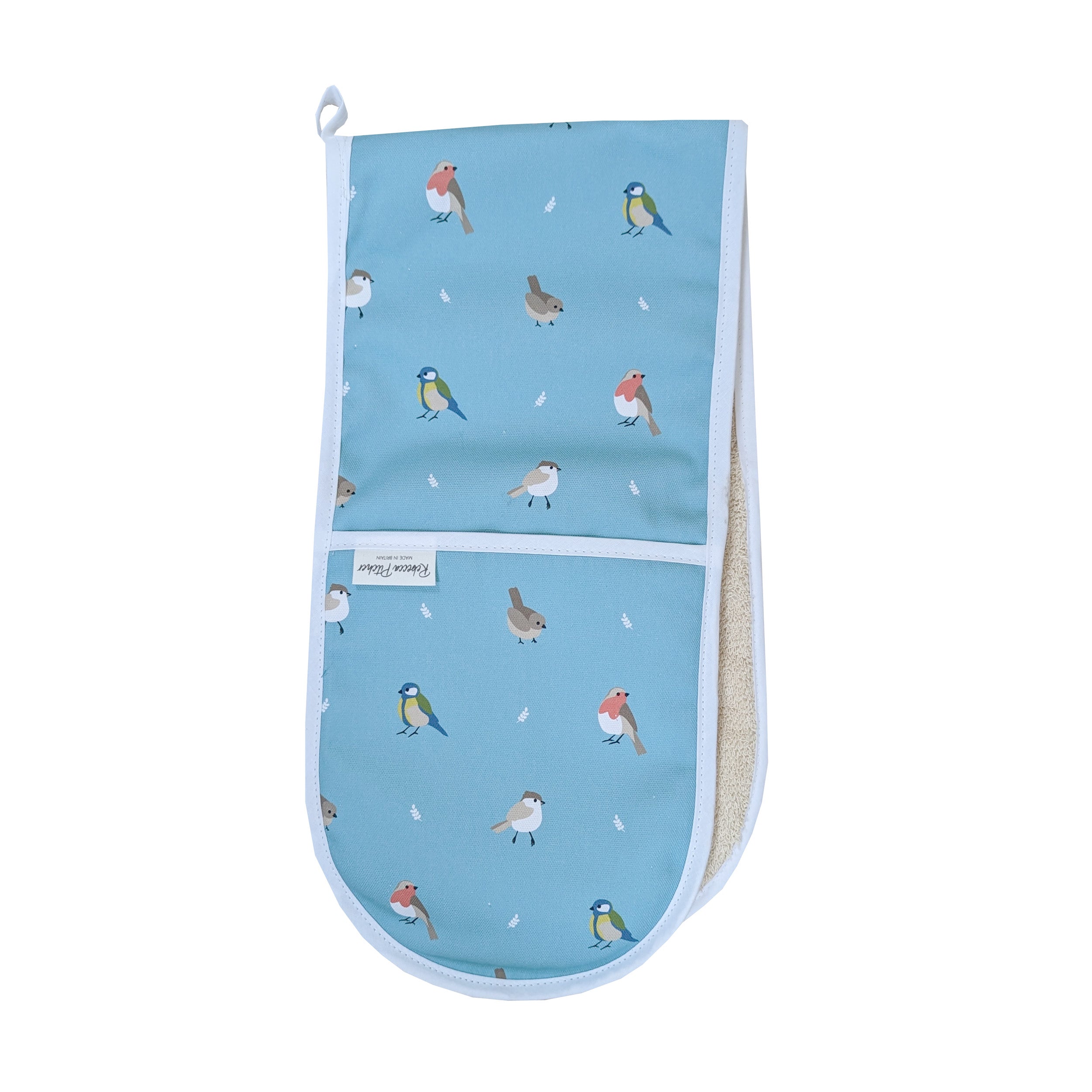 Teal cottondouble oven gloves with garden bird illustrations