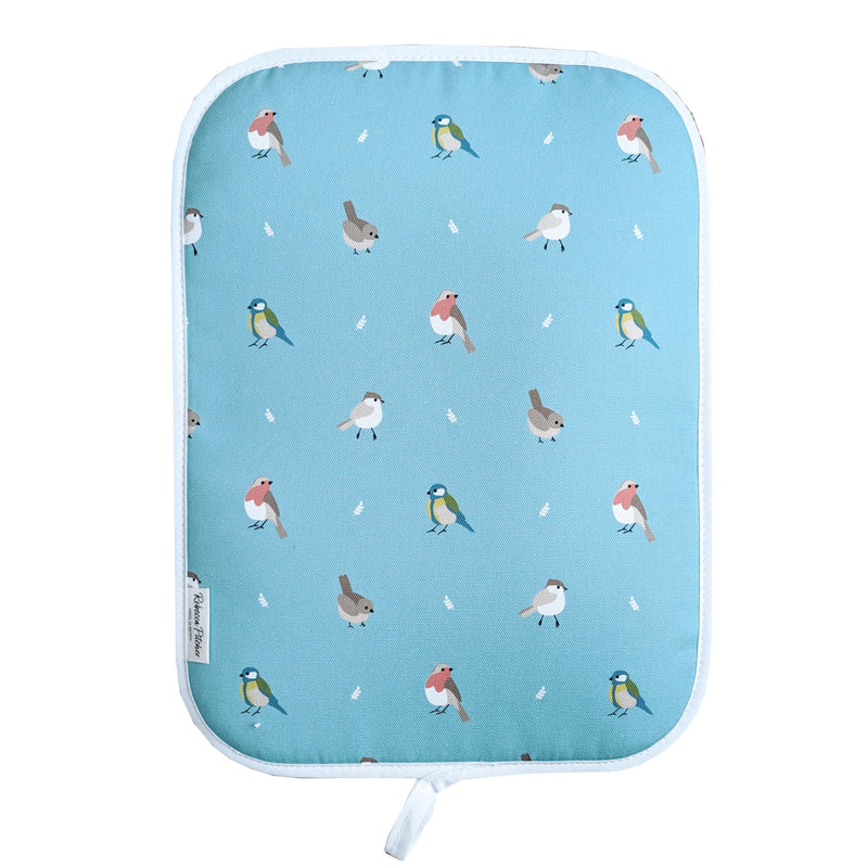 Teal rectangular hob cover featuring British garden birds