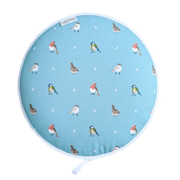 Teal circular hob cover featuring British garden birds