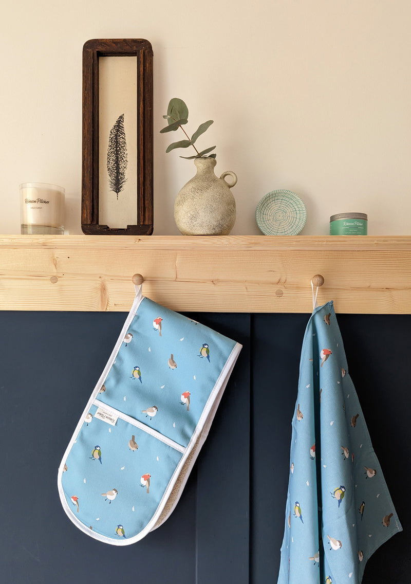 Teal Cotton Oven Gloves and Teatowel featuring British Garden Birds by Rebecca Pitcher