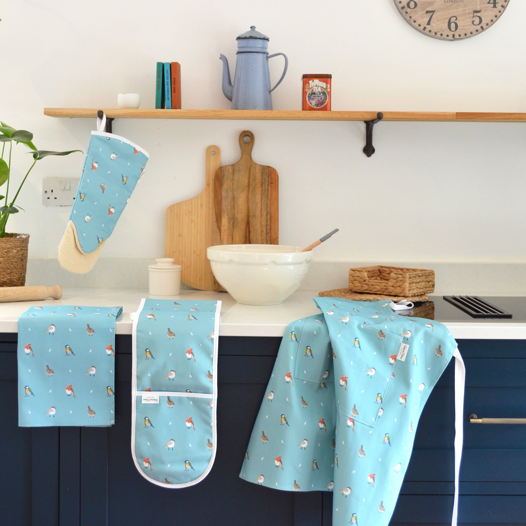Garden Birds design duckegg kitchen textiles