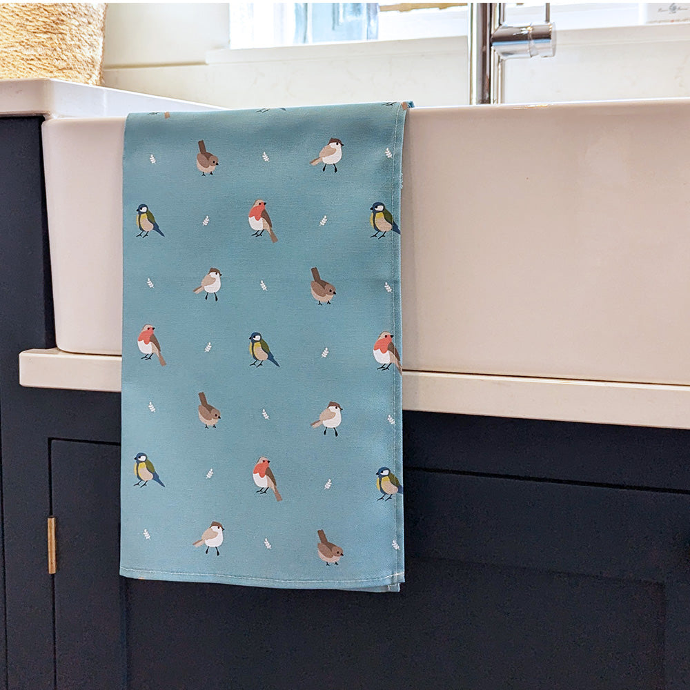 Teal Garden Birds Kitchen Tea Towel