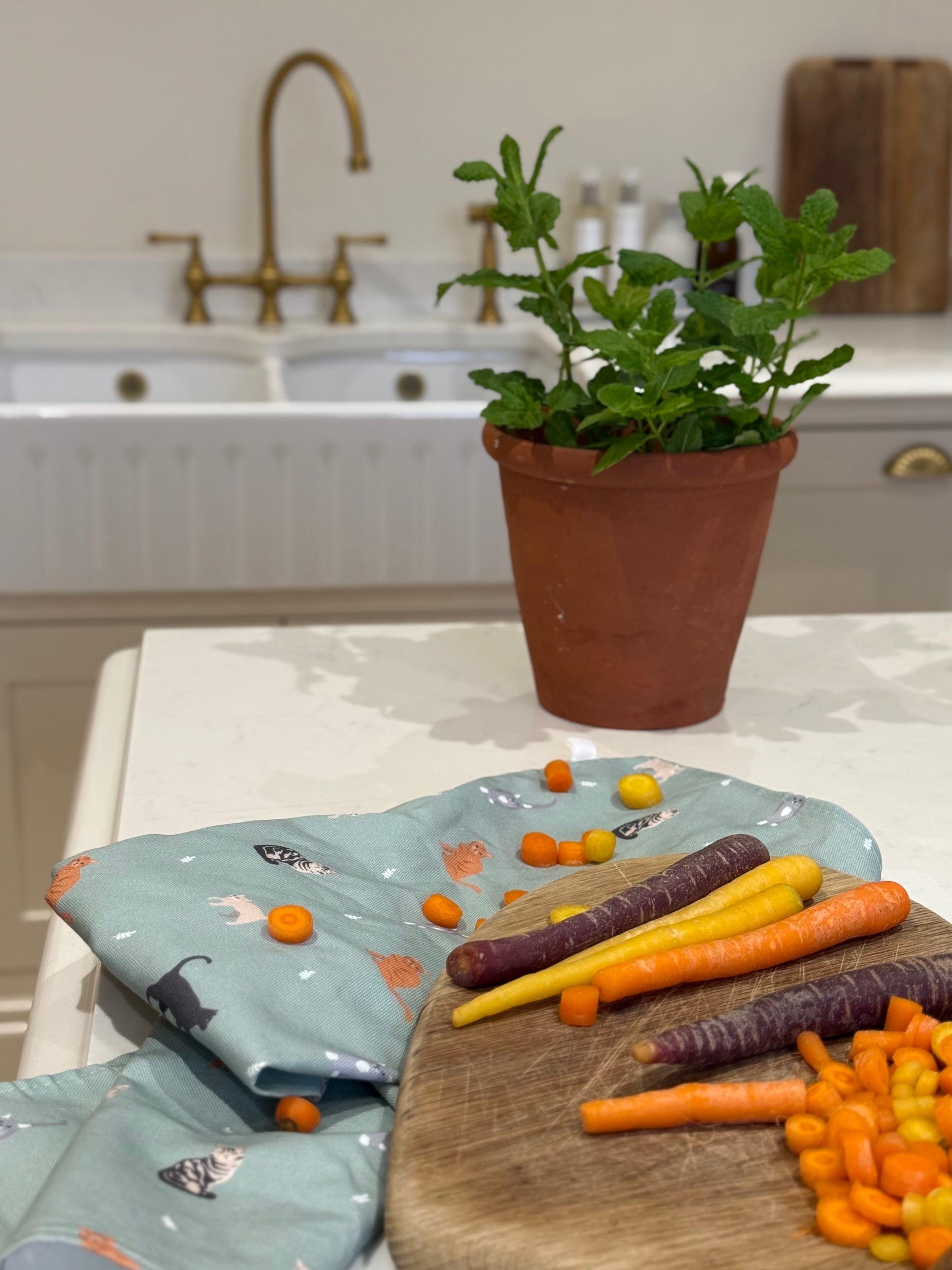 Kitchen counter with cat design tea towel under a cutting board, and a potted plant.