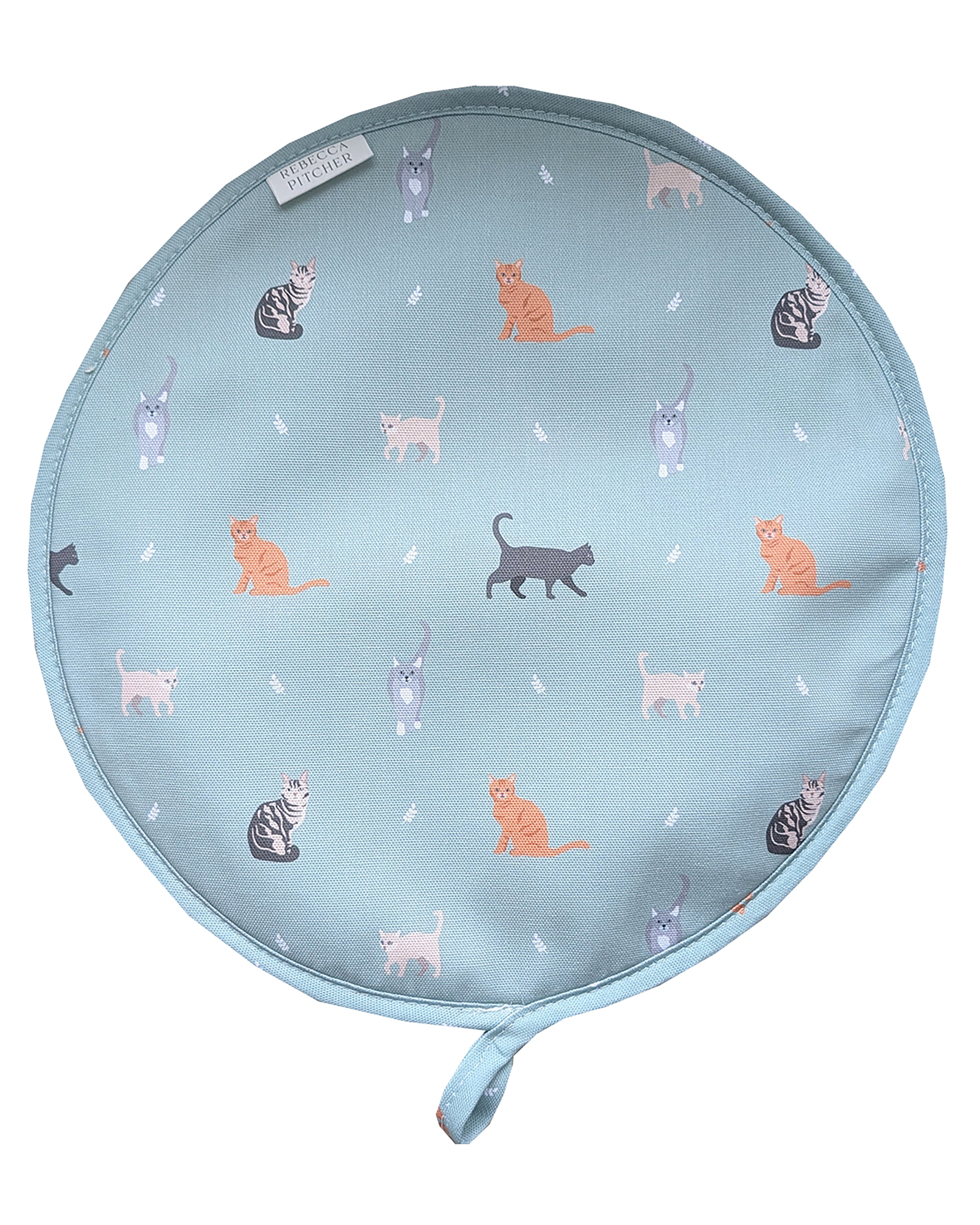 Round hob cover with cat pattern on a light blue background