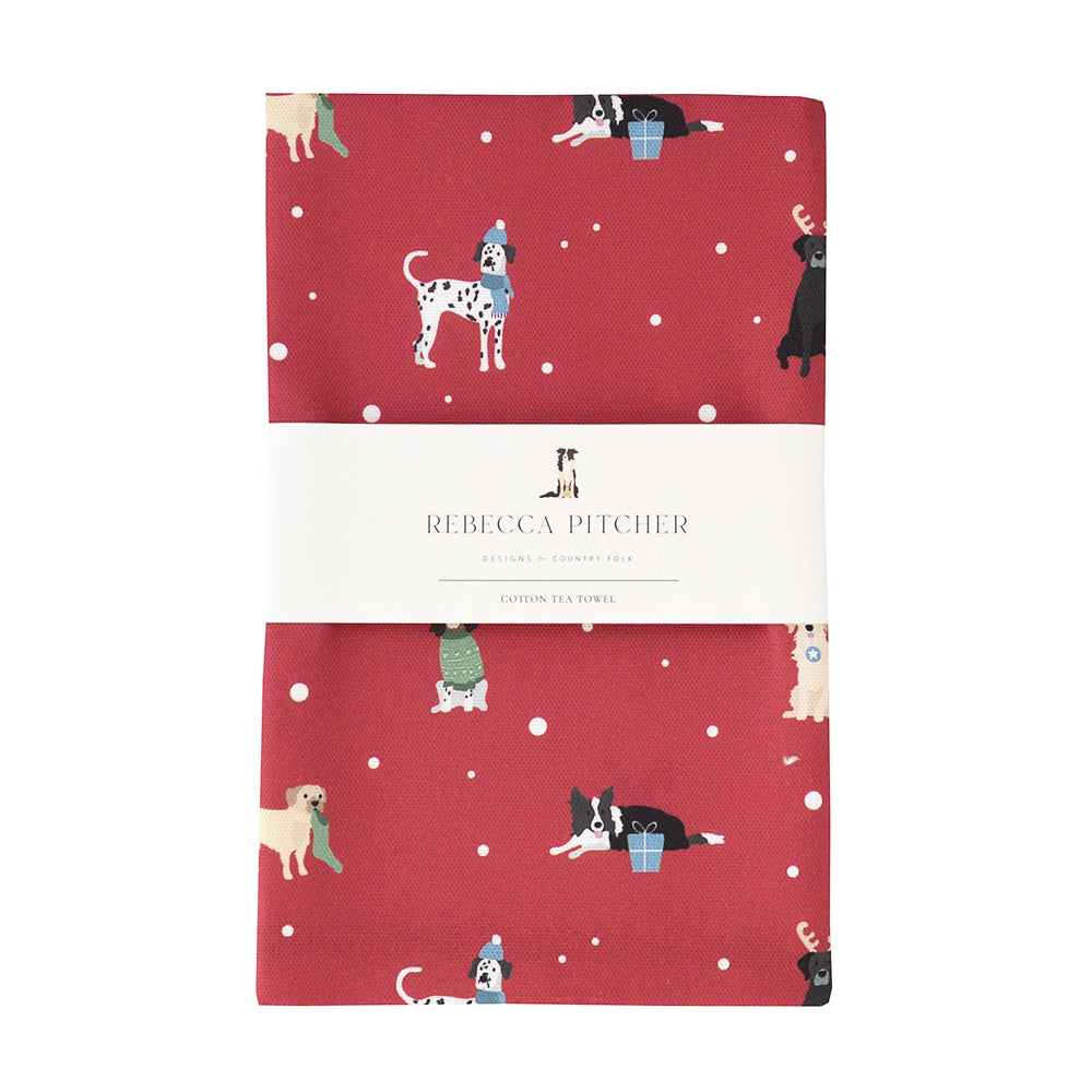 Red Christmas Dogs Tea Towel