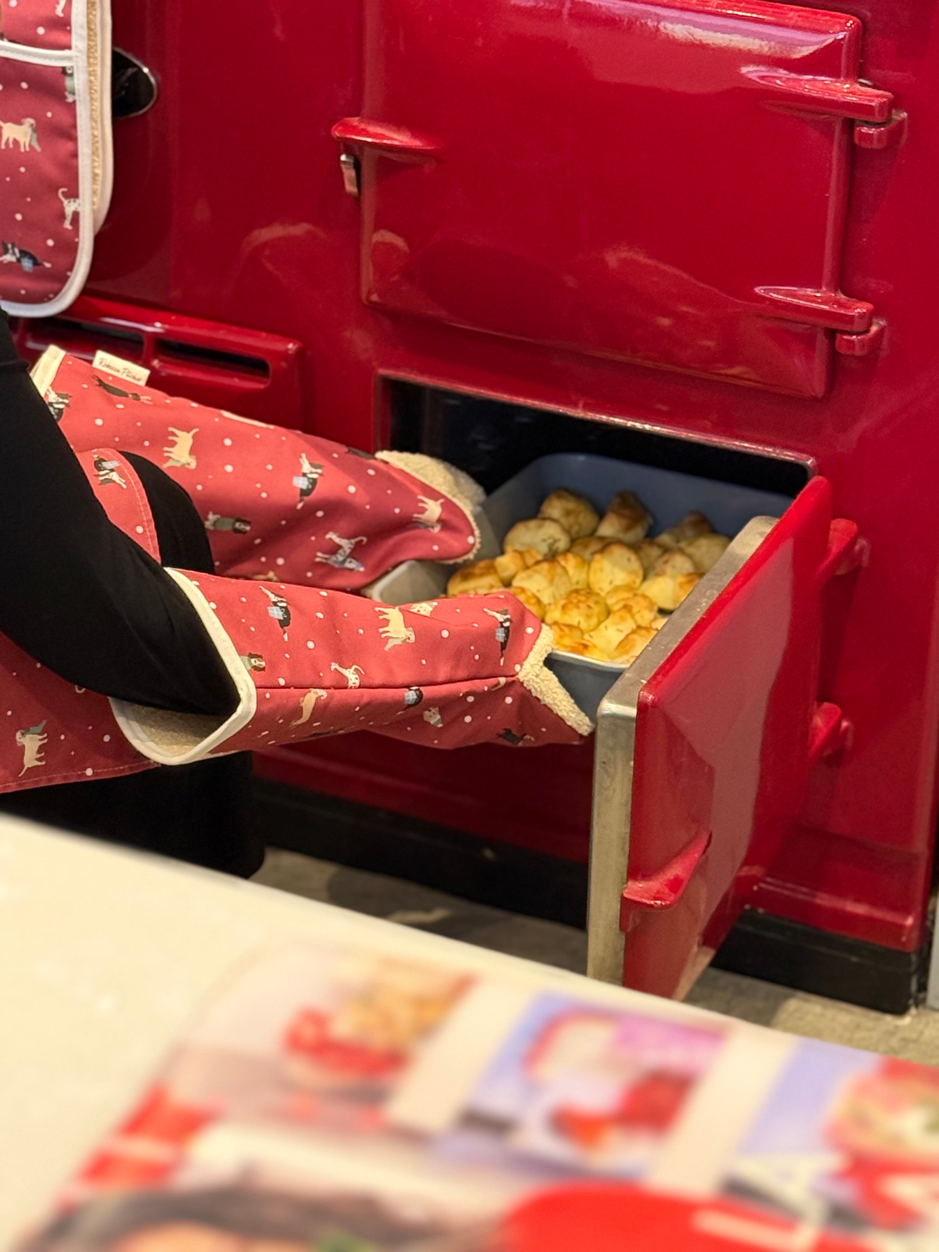 Person wearing red Christmas Dogs design oven gauntlets opening a red oven door filled with food.