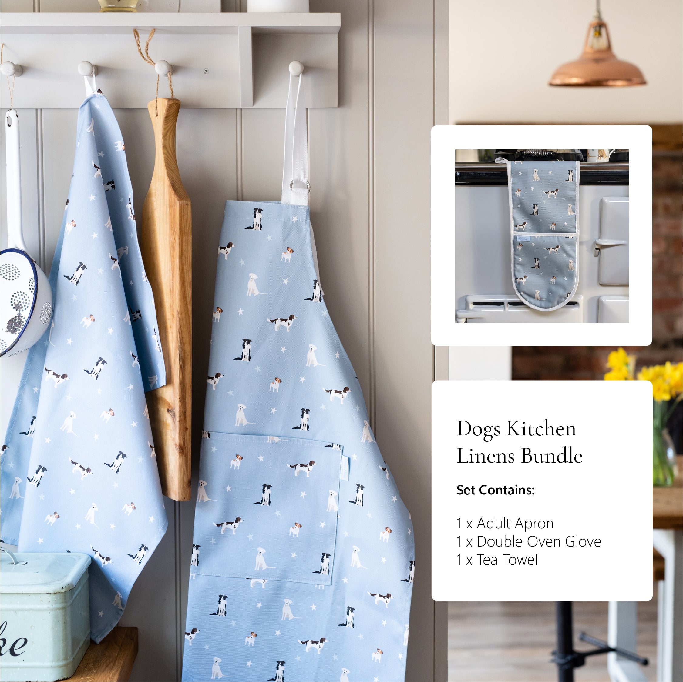 Dogs kitchen linens bundle contains apron, oven gloves and tea towel