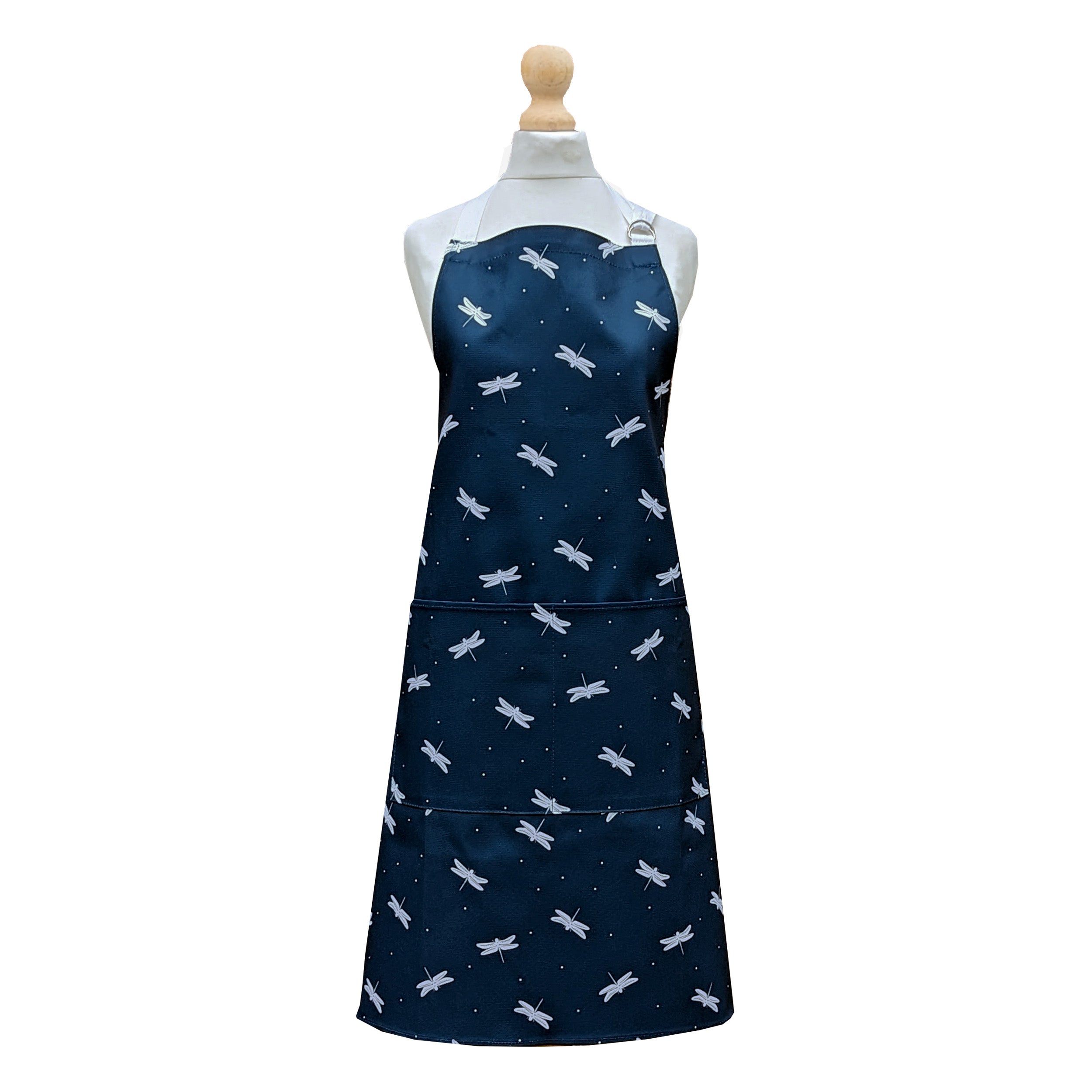 Navy Blue Dragonfly Print Apron by Rebecca Pitcher