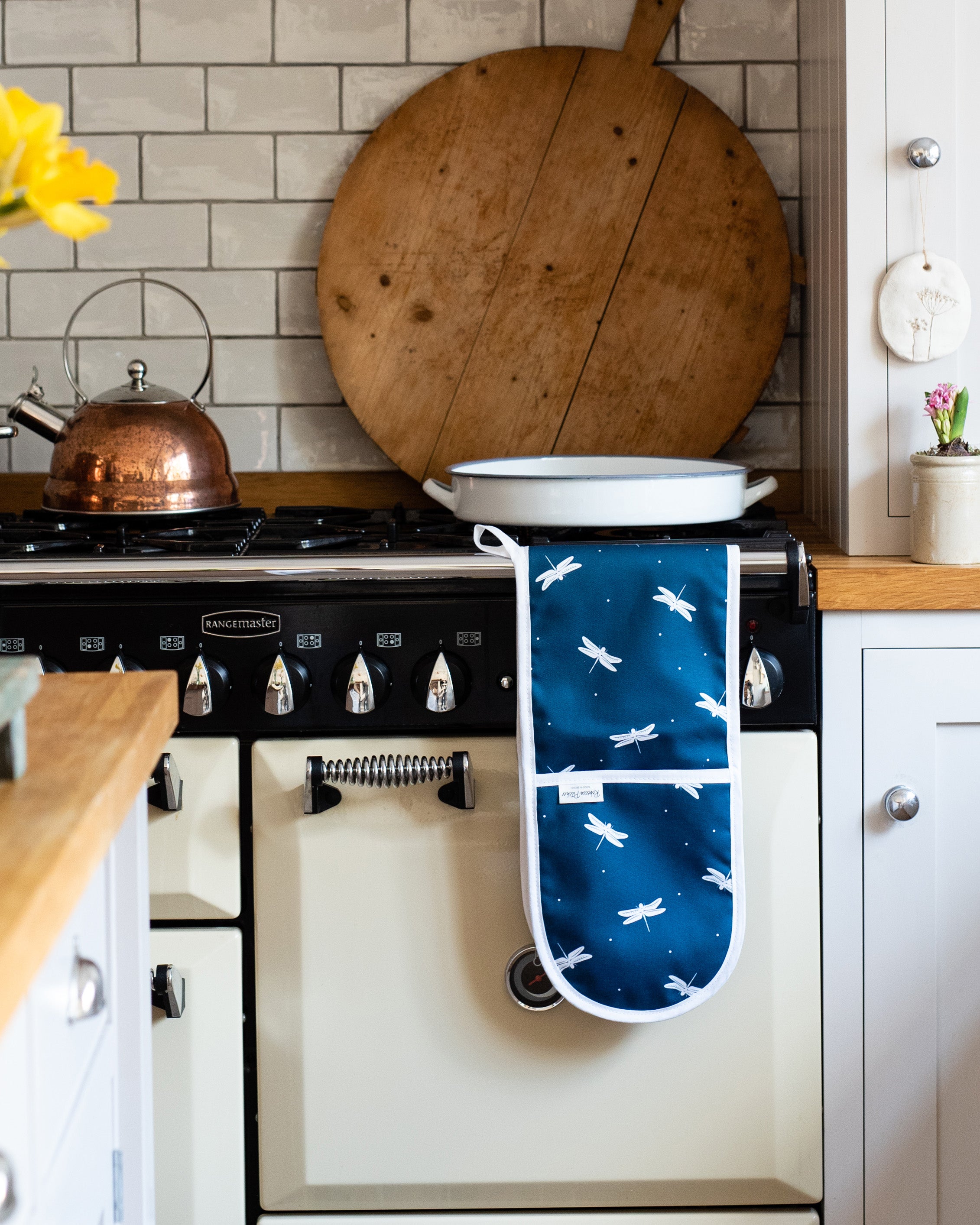 Kitchen scene with a stove, wooden cutting board, and blue dragonfly-patterned oven mitt.