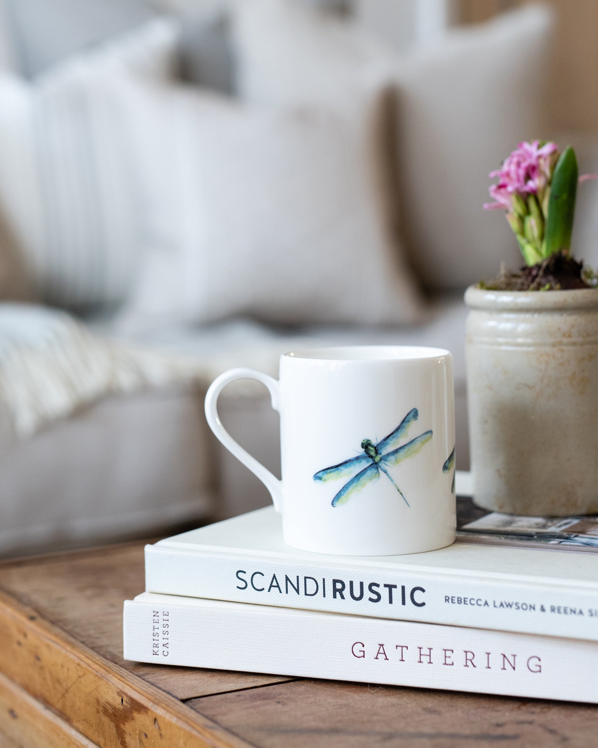 China mug with dragonfly illustration on a pile of boos