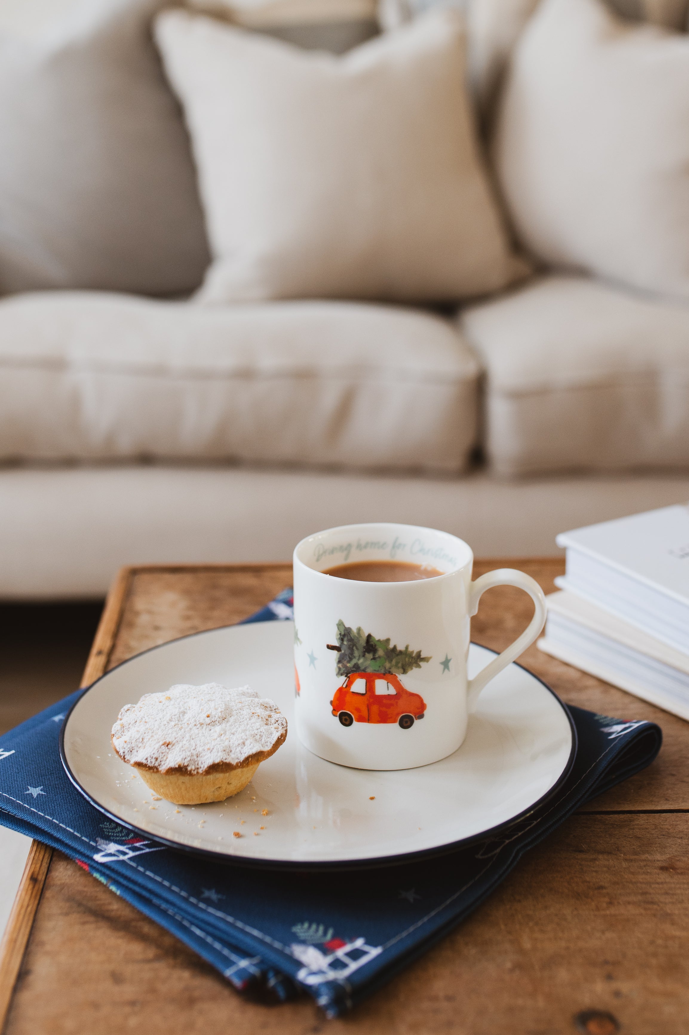 Driving Home for Christmas Mug and Napkin with a mince pie
