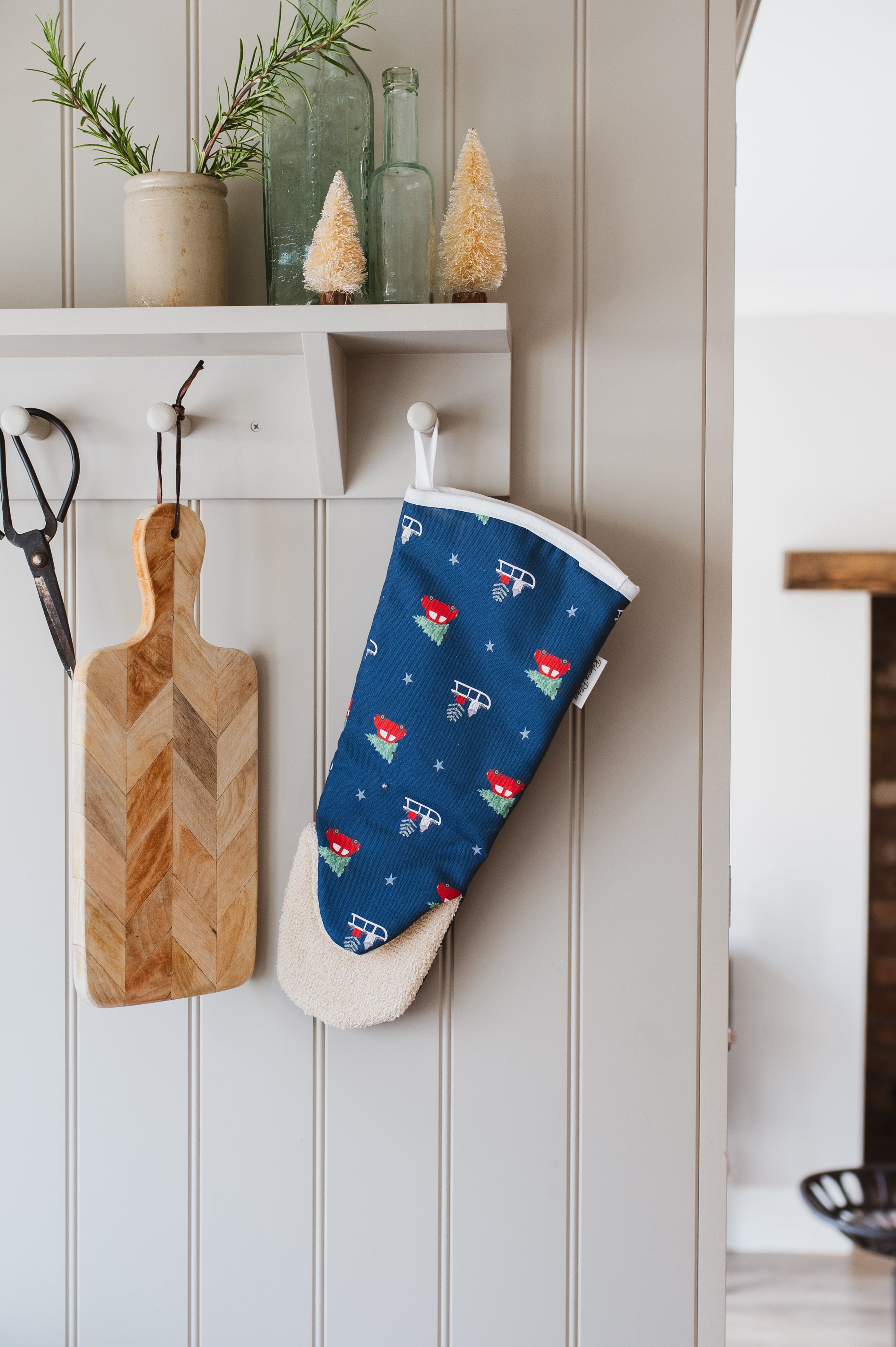 Navy Long Single Oven Glove with Christmas design