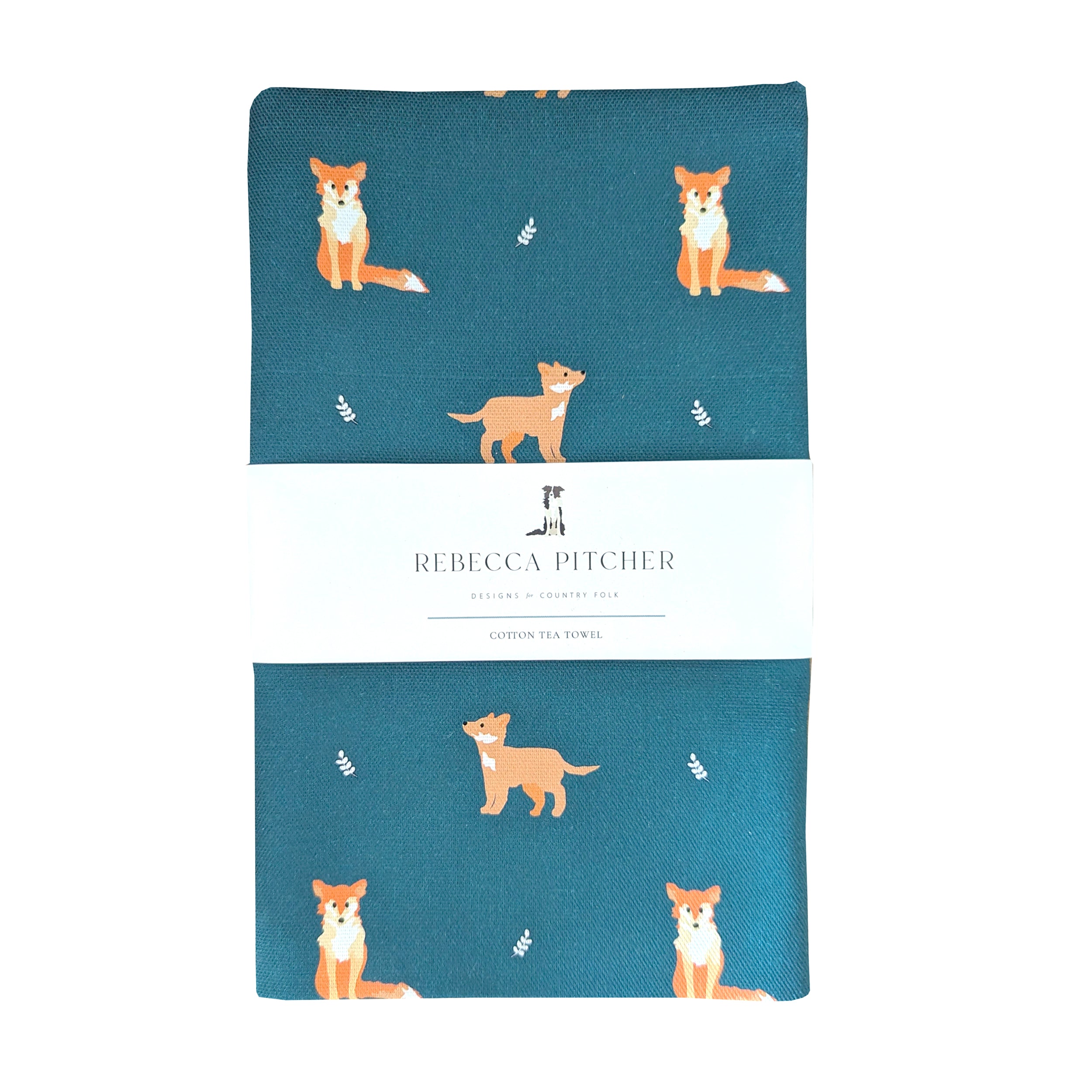 Fox teatowel in dark green cotton