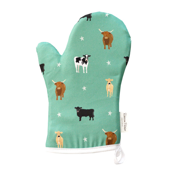 Green Cows Oven Mitt by Rebecca Pitcher