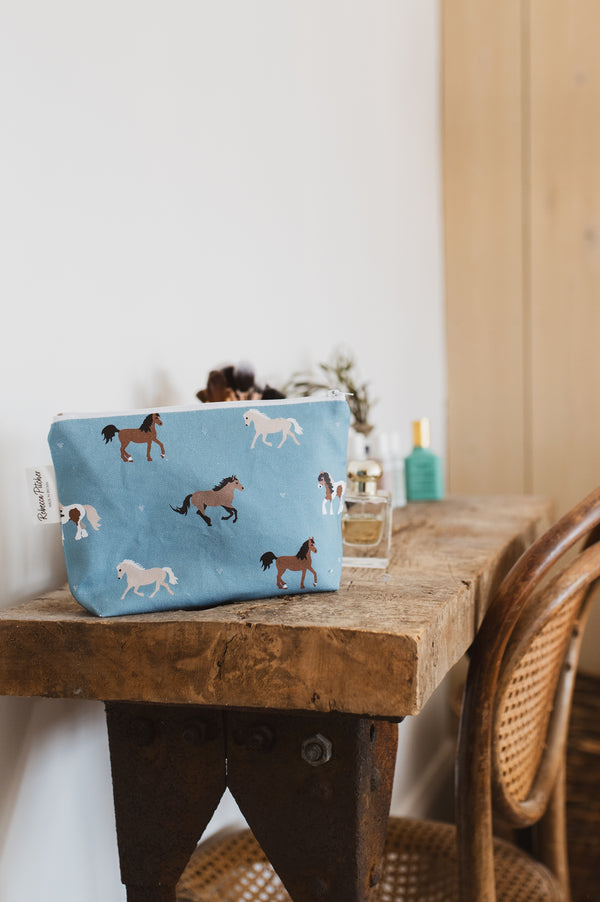 Blue Horses and Pony makeup bag by Rebecca Pitcher